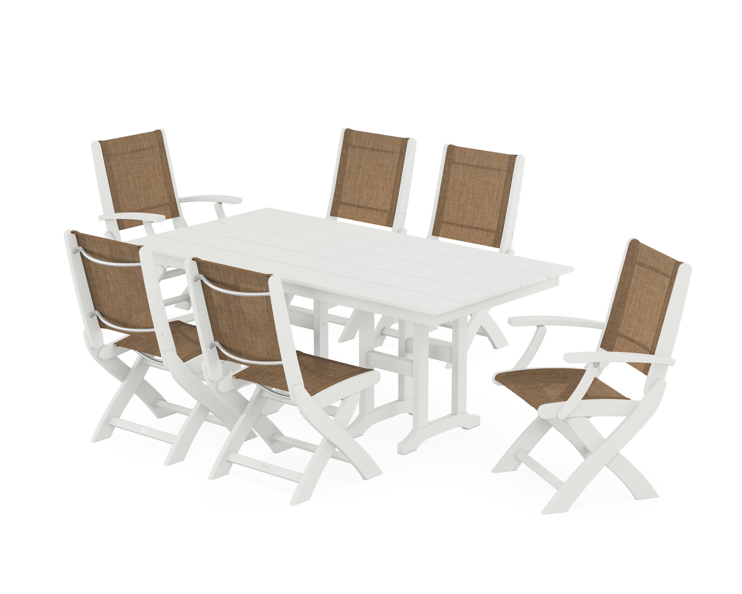 Coastal Folding Chair 7-Piece Farmhouse Dining Set in Vintage White / Burlap Sling