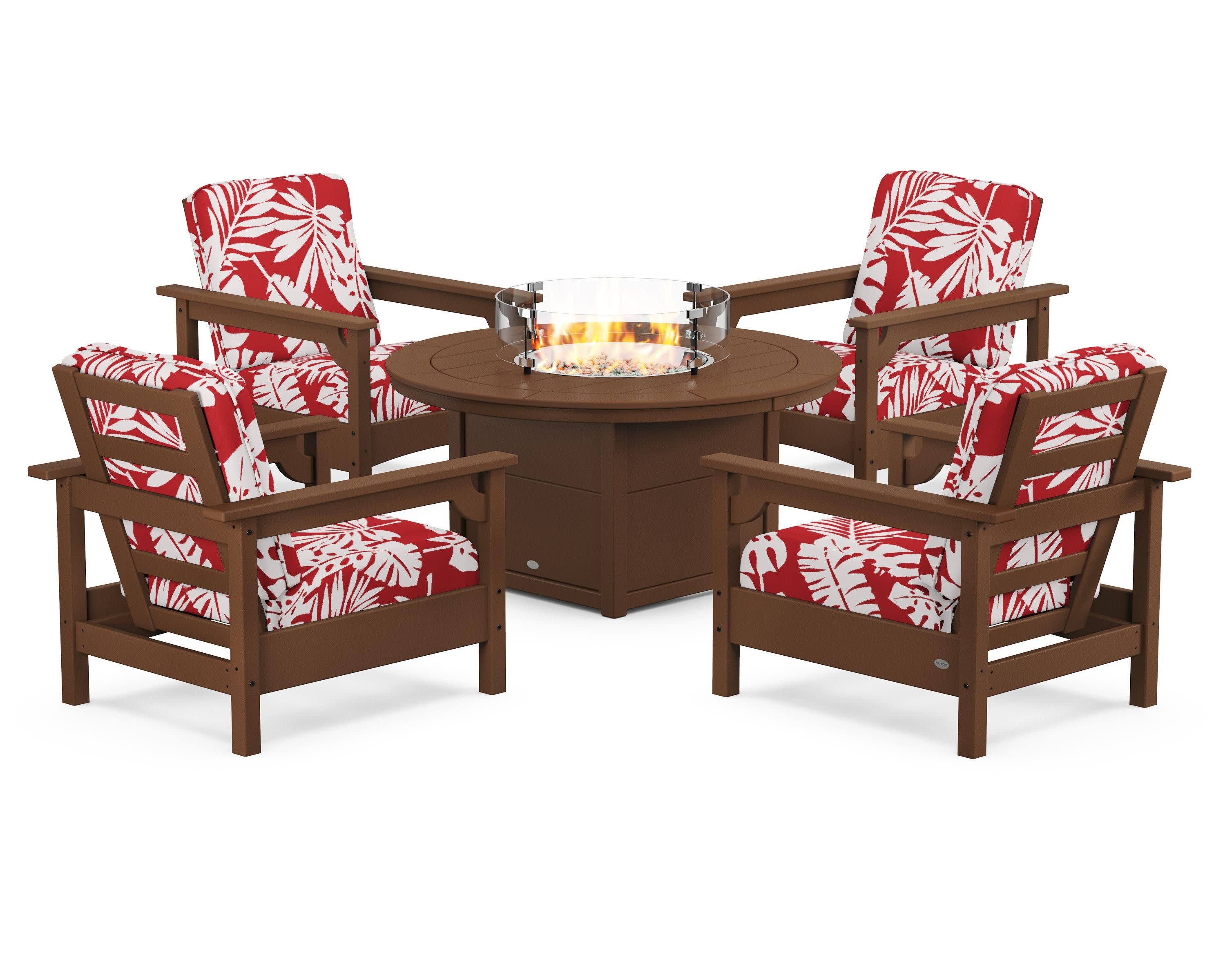 Club 5-Piece Conversation Set with Fire Pit Table in Teak / Leaf Crimson