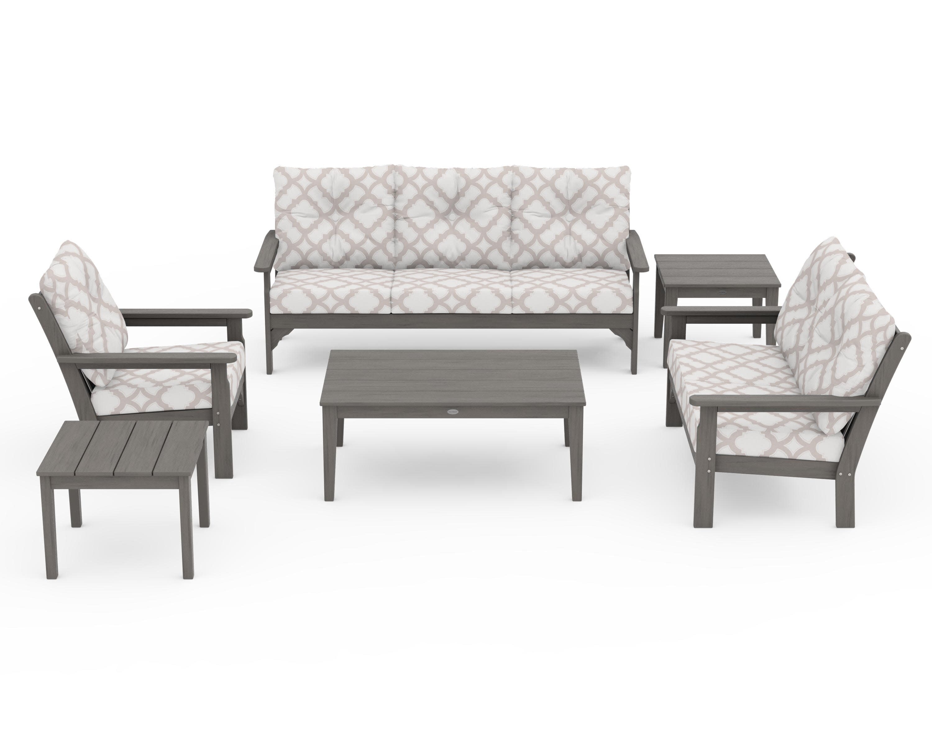 Vineyard 6-Piece Deep Seating Set in Driftwood / Trellis Dune Burlap