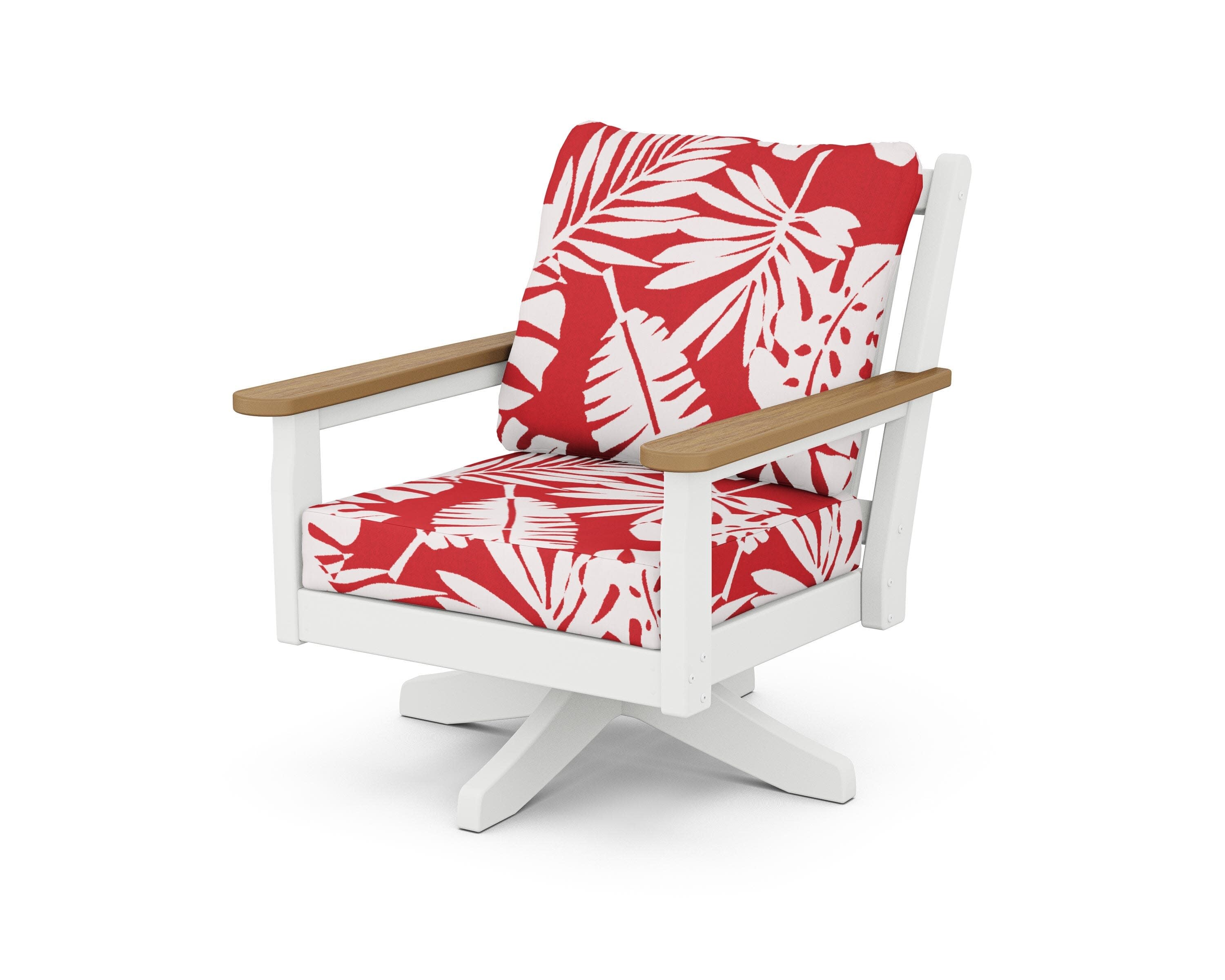 Chippendale Deep Seating Swivel Chair in White / Natural / Leaf Crimson