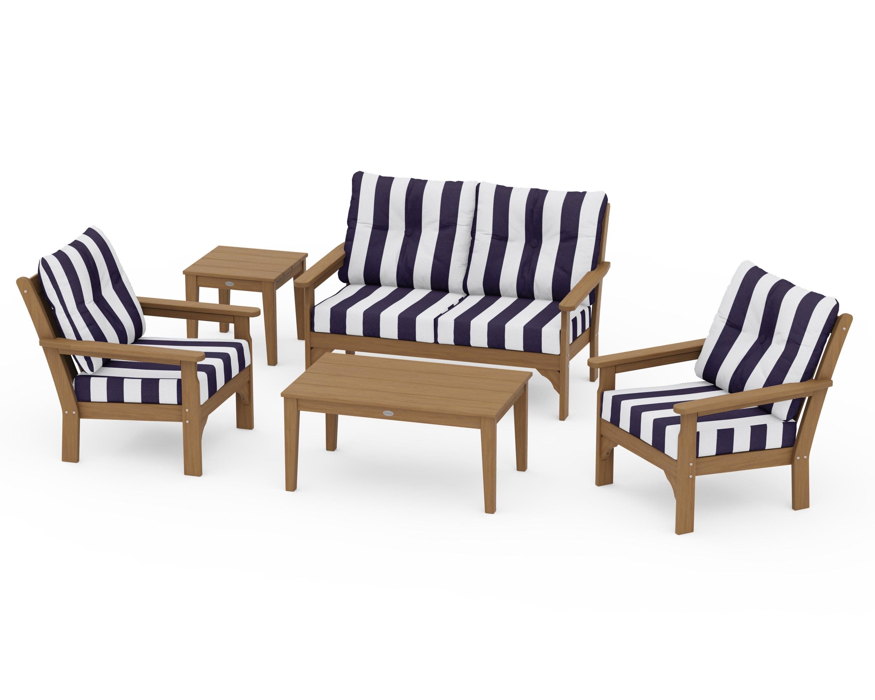Vineyard 5-Piece Deep Seating Set in Natural / Cabana Stripe Navy
