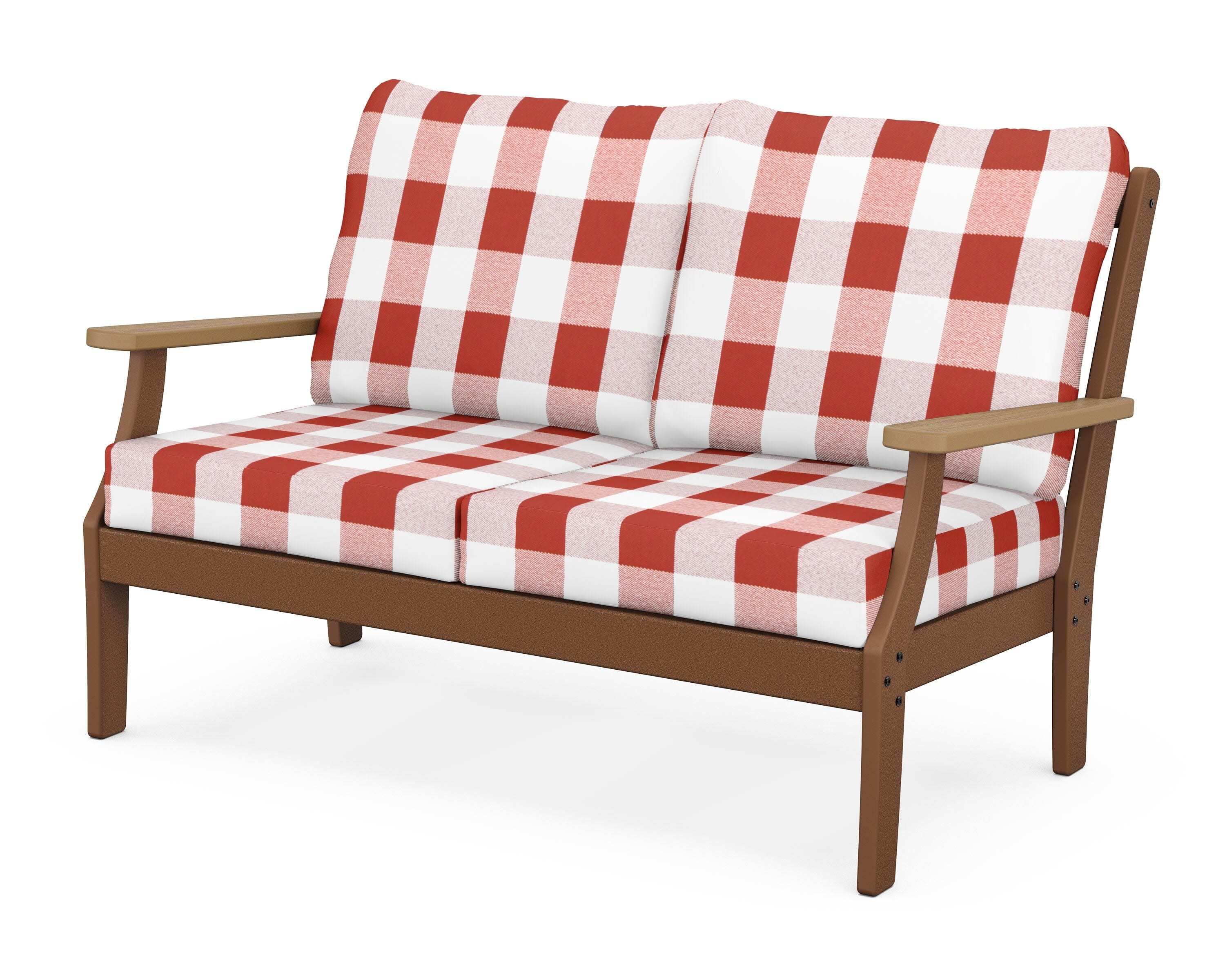 Braxton Deep Seating Loveseat in Teak / Natural / Buffalo Plaid Crimson