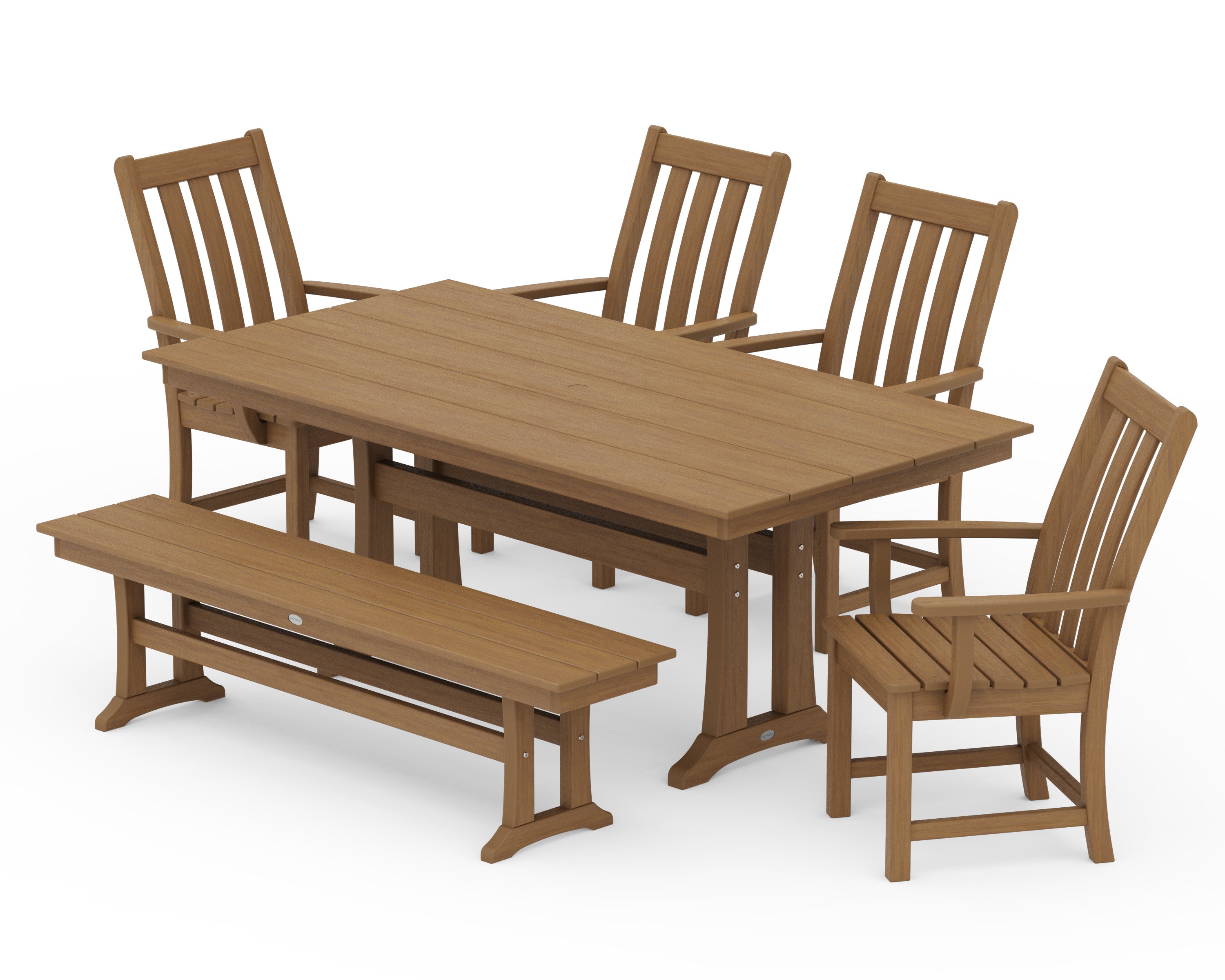 Vineyard 6-Piece Arm Chair Farmhouse Dining Set with Trestle Legs and Bench in Natural