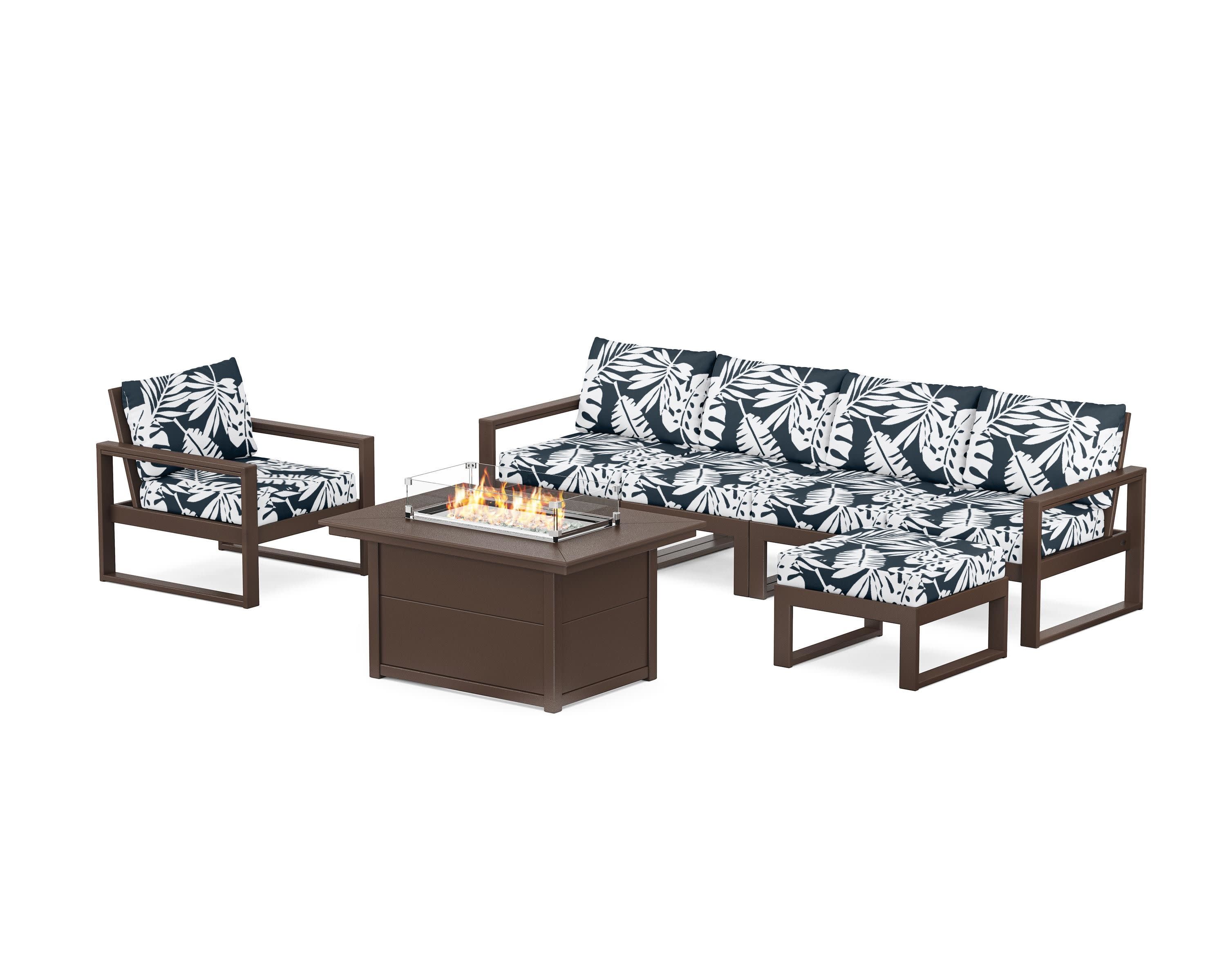 EDGE Sectional Lounge and Fire Pit Set in Mahogany / Leaf Marine Indigo