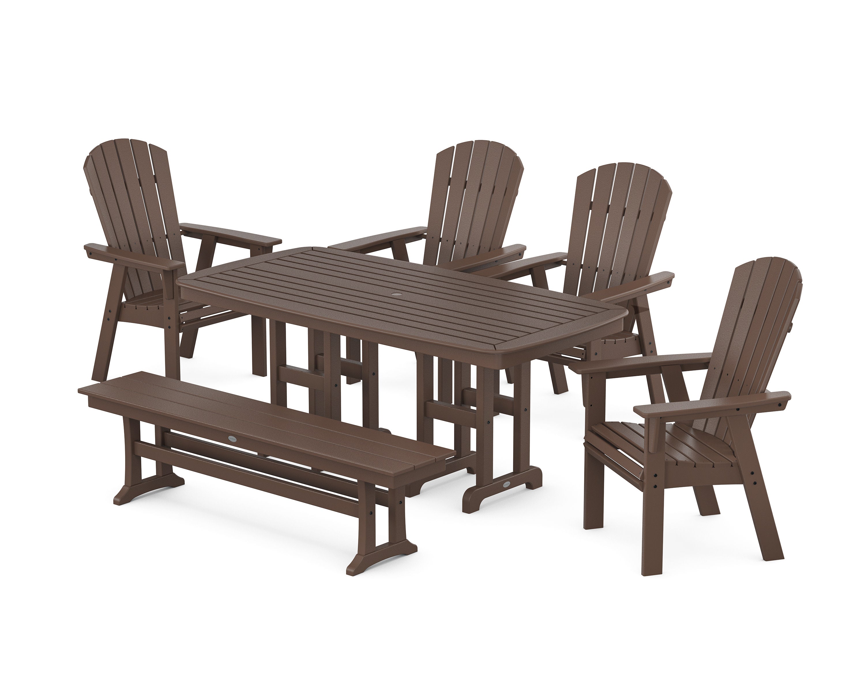 Nautical Curveback Adirondack 6-Piece Dining Set with Bench in Mahogany