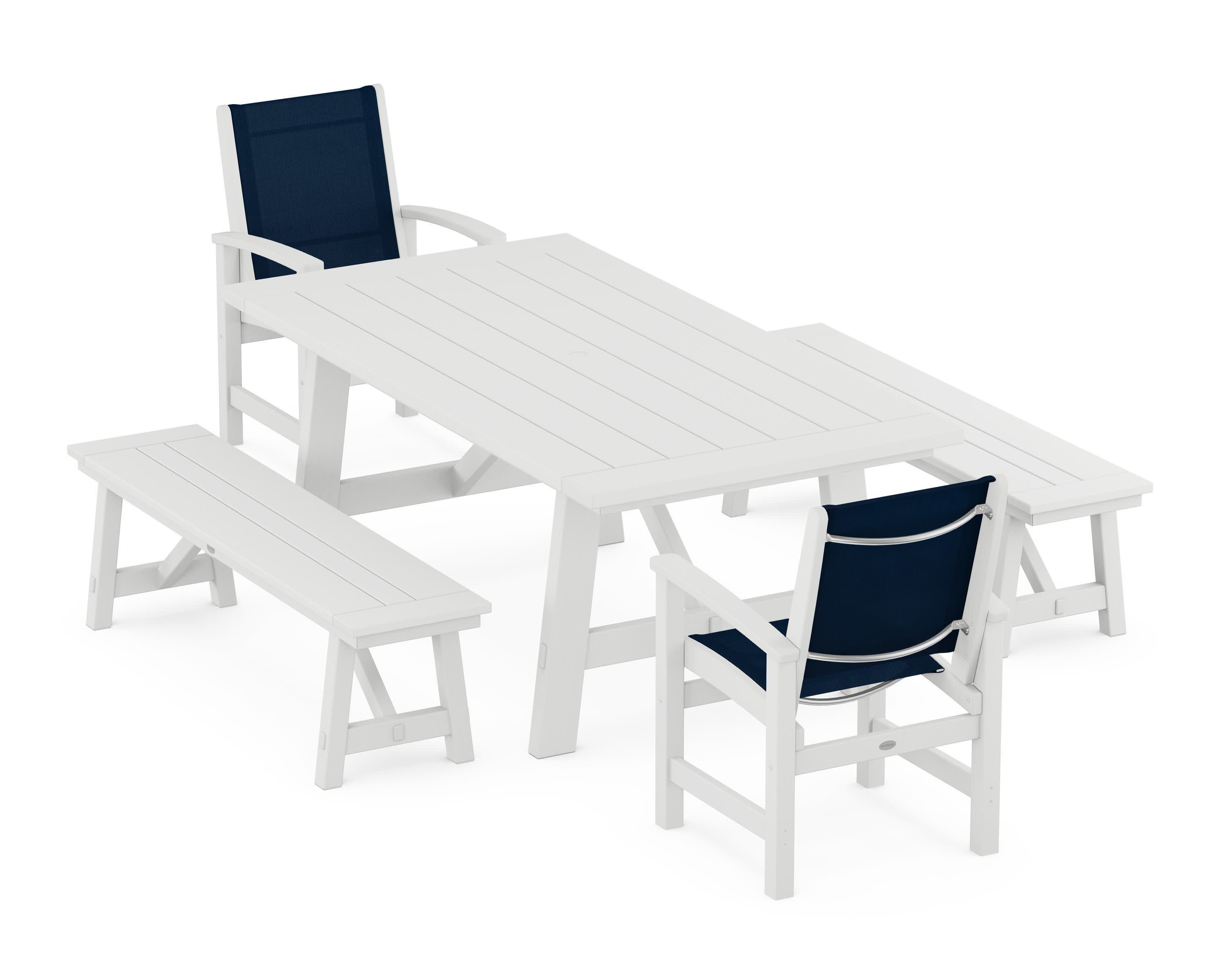Coastal 5-Piece Rustic Farmhouse Dining Set With Benches in White / Navy Blue Sling