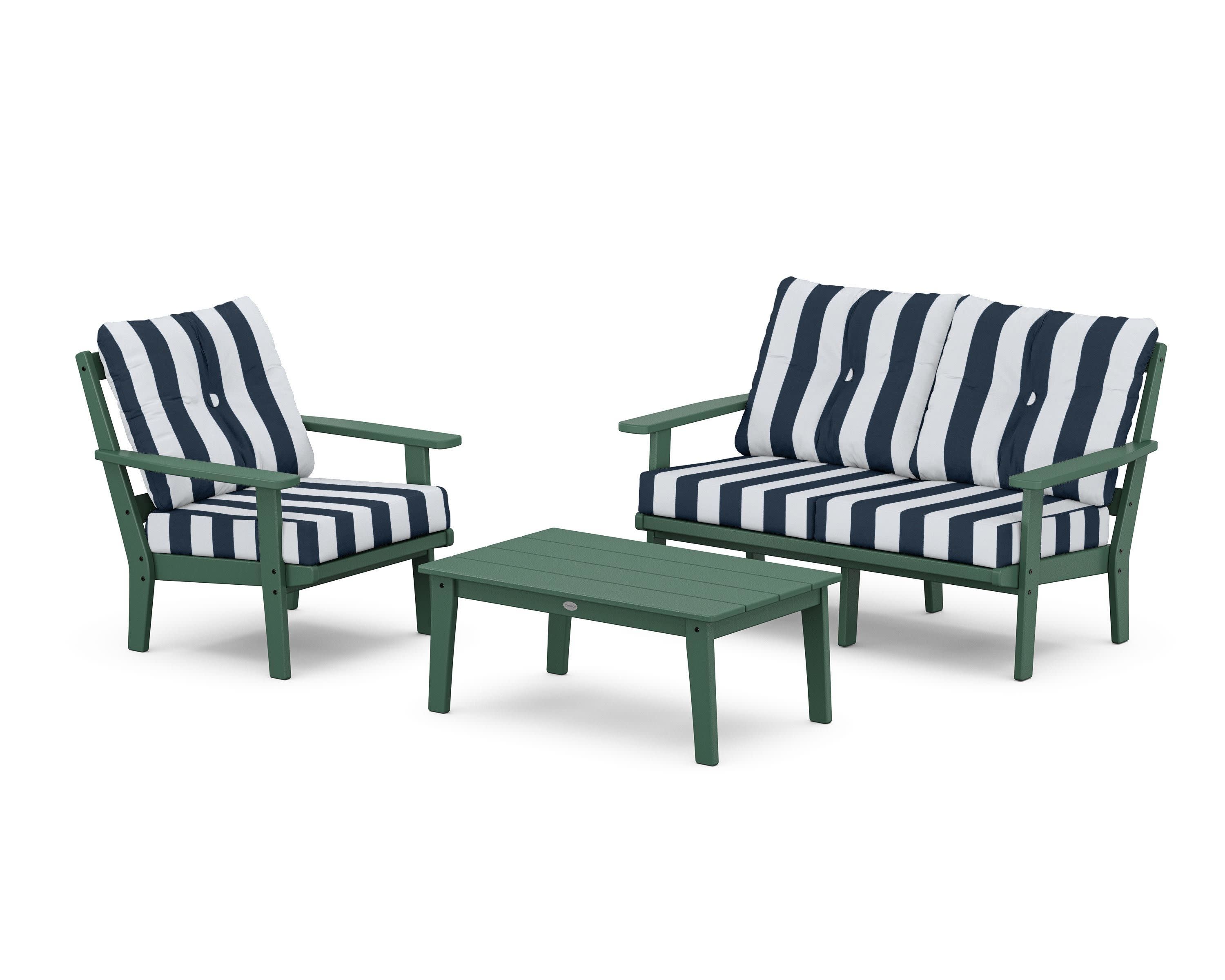 Oxford 3-Piece Deep Seating Set with Loveseat in Green / Cabana Stripe Marine Indigo