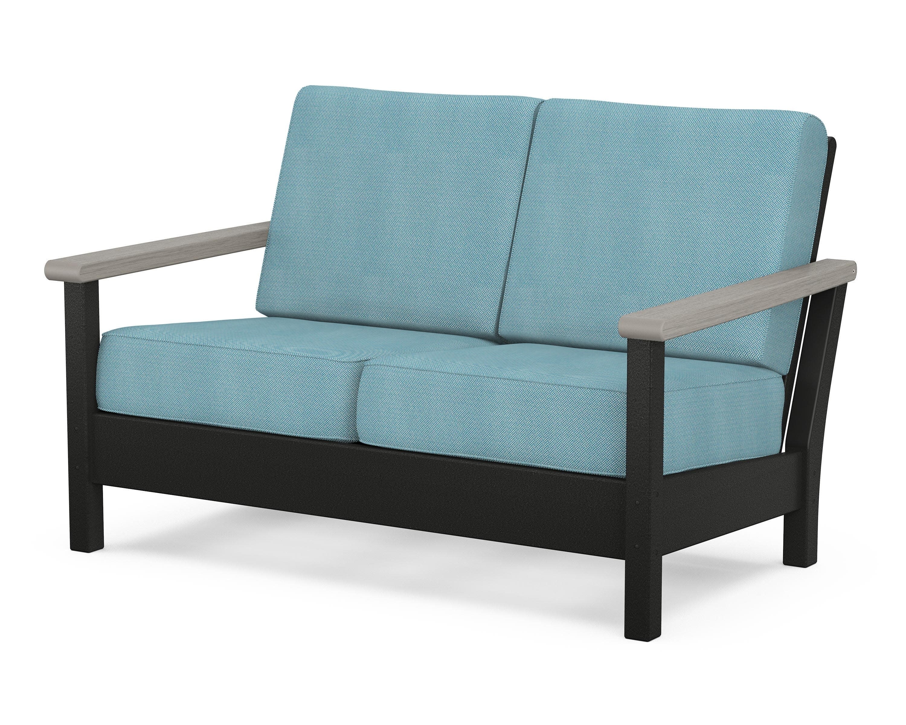 Harbour Deep Seating Loveseat in Black / Driftwood / Lattice Sky Blue