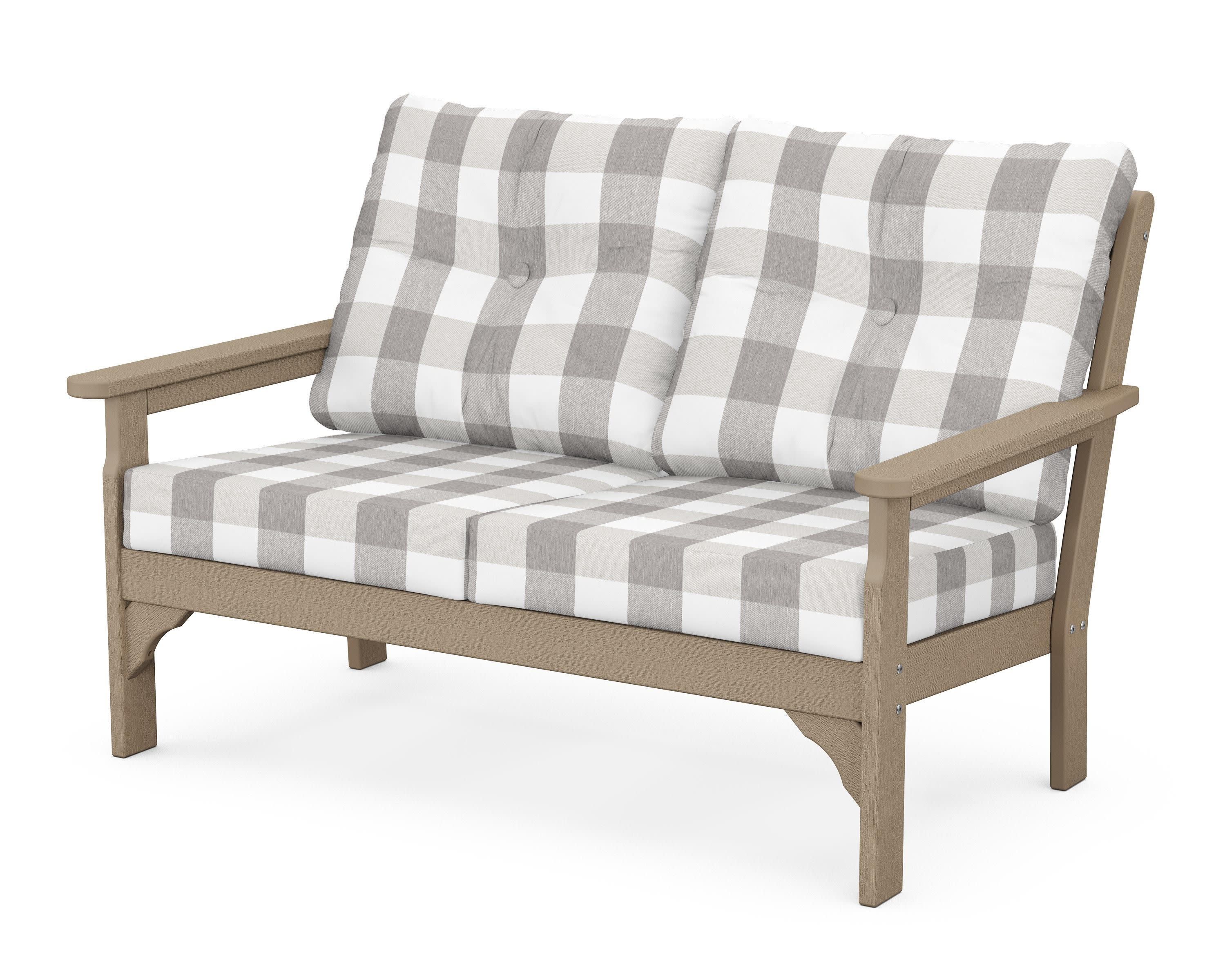 Vineyard Deep Seating Loveseat in Vintage Sahara / Buffalo Plaid Grey Mist