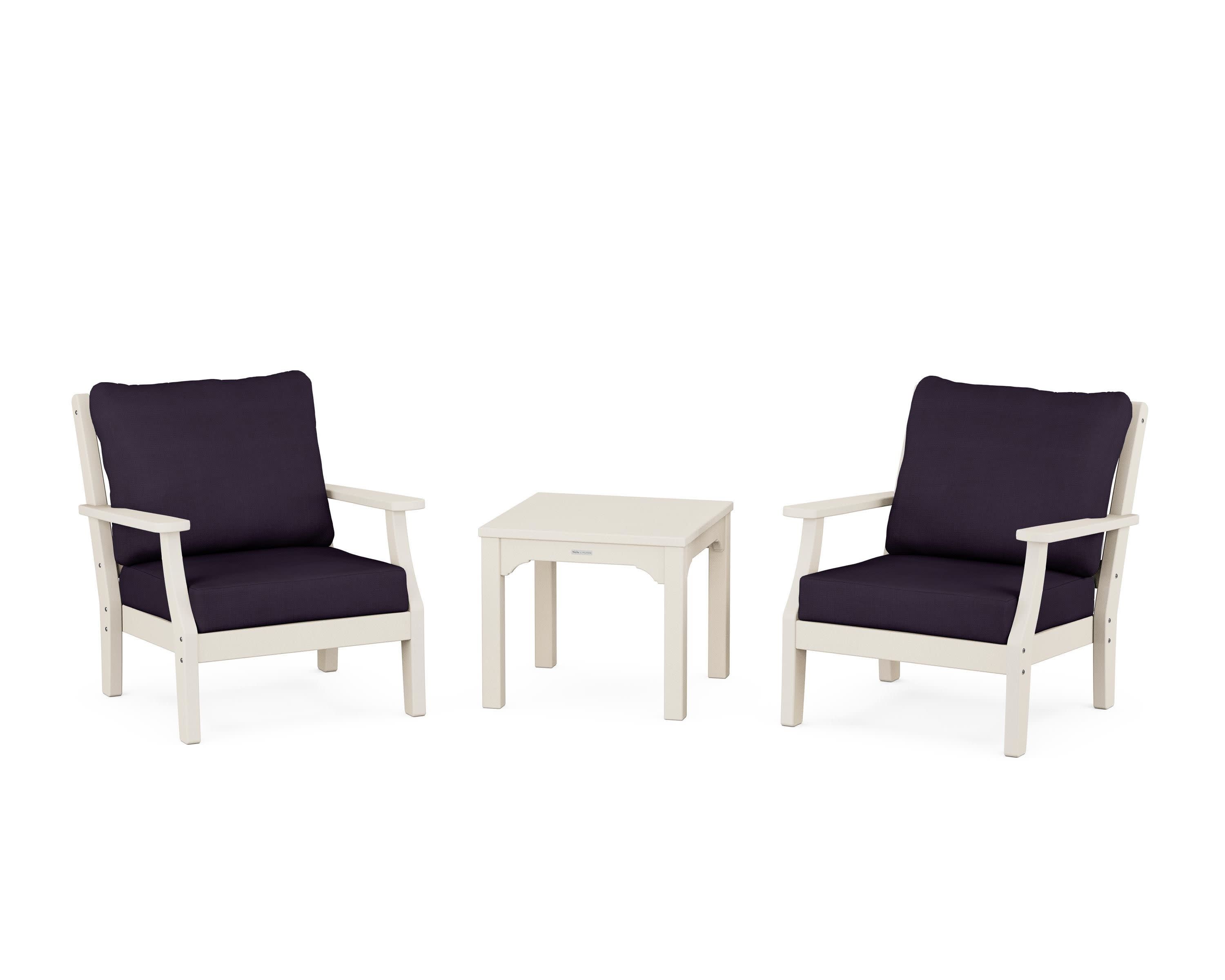 Chinoiserie 3-Piece Deep Seating Set in Sand / Navy Linen