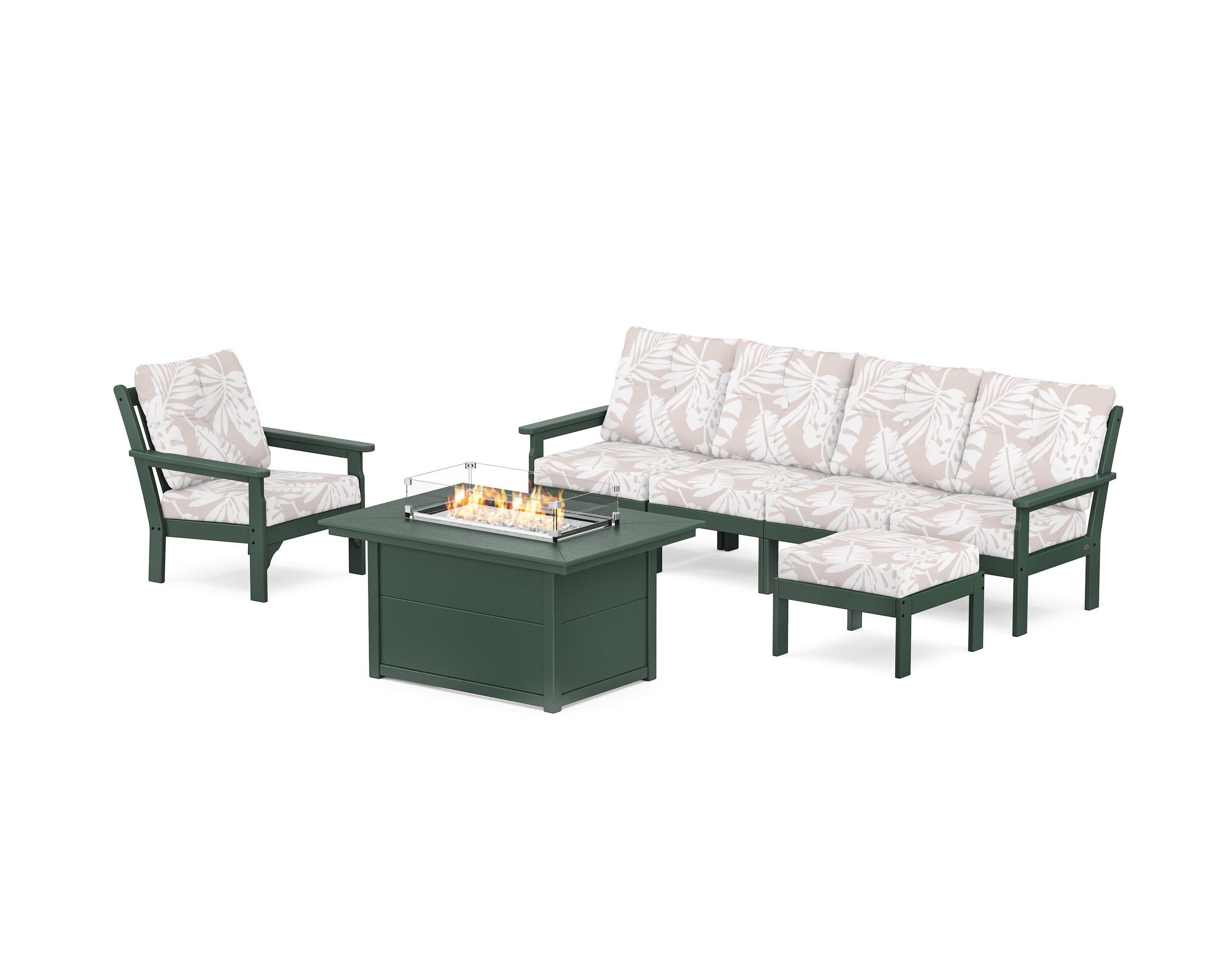 Vineyard Sectional Lounge and Fire Pit Set in Green / Leaf Dune Burlap