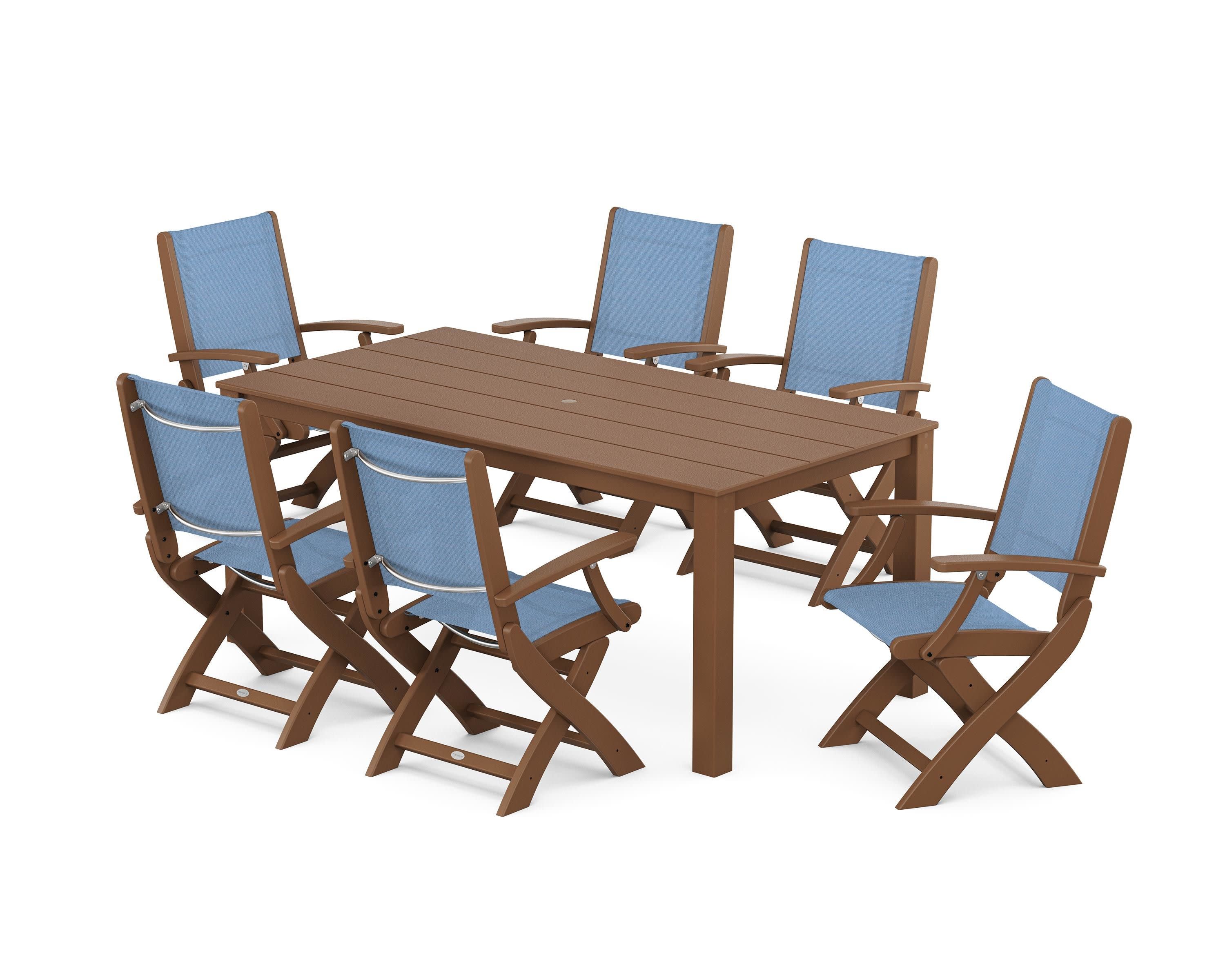 Coastal Folding Chair 7-Piece Parsons Dining Set in Teak / Poolside Sling