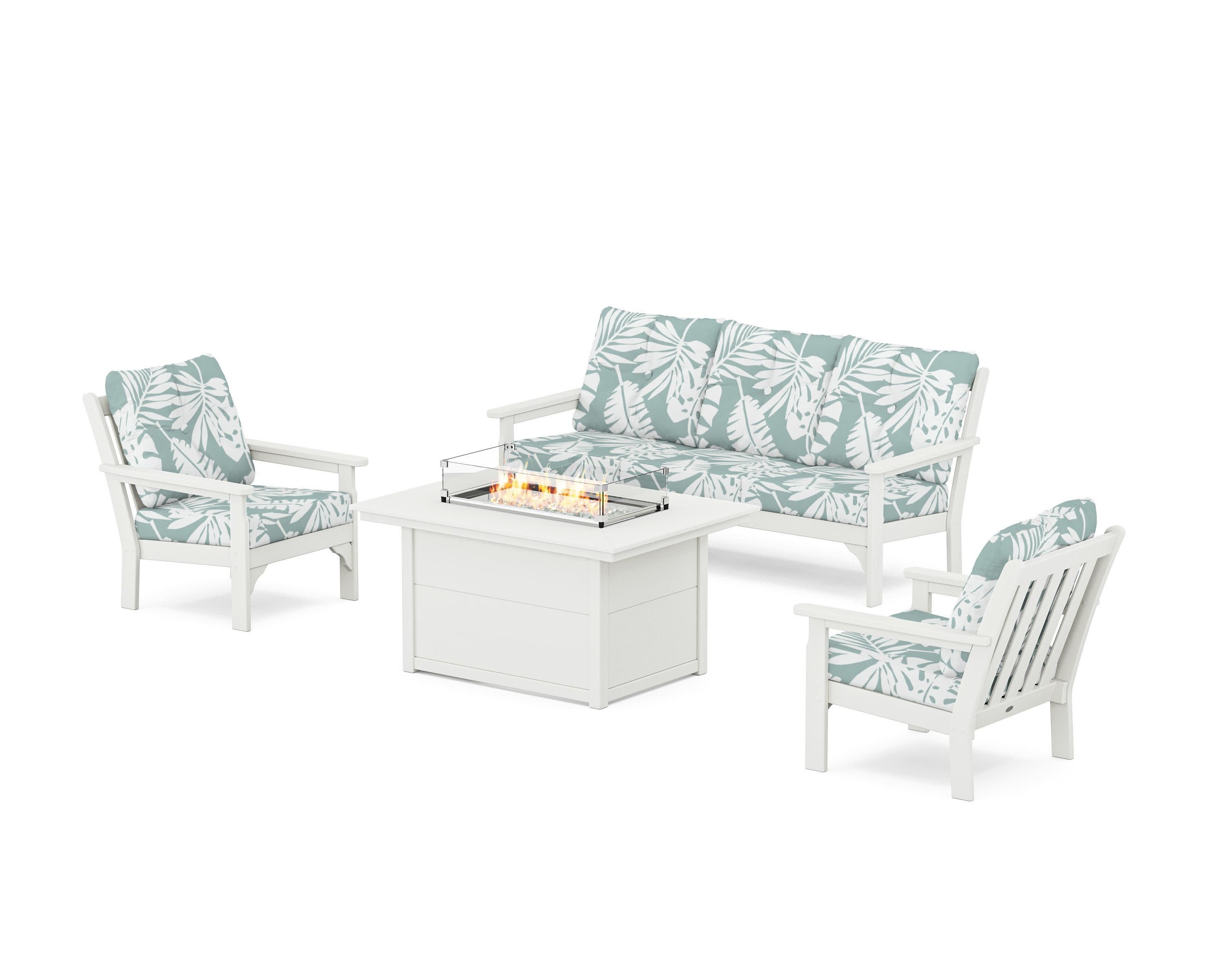 Vineyard Deep Seating Fire Pit Table Set in Vintage White / Leaf Glacier Spa