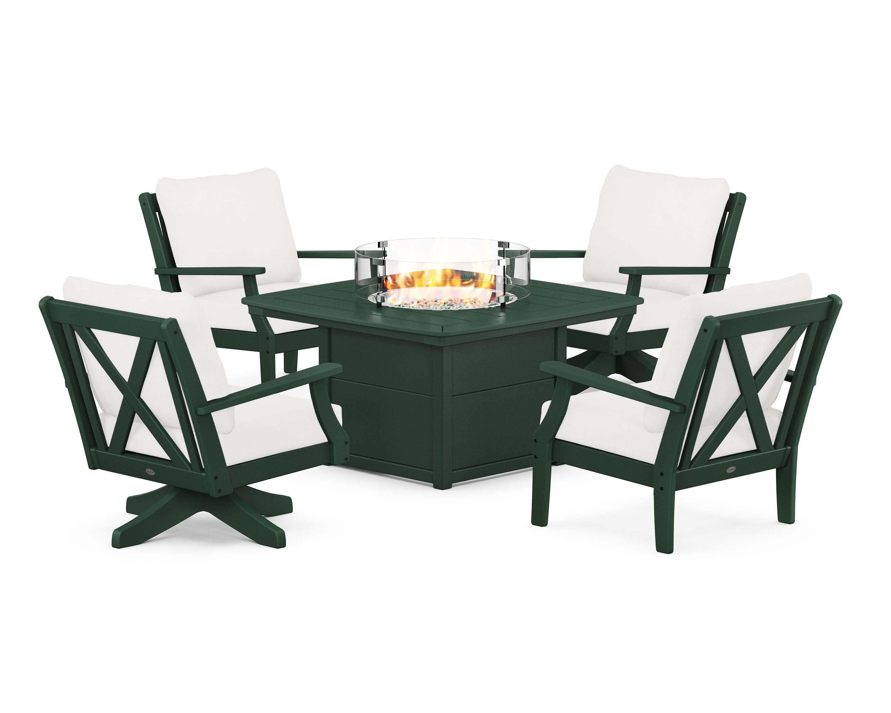 Braxton 5-Piece Deep Seating Set with Fire Table in Green / Natural Linen