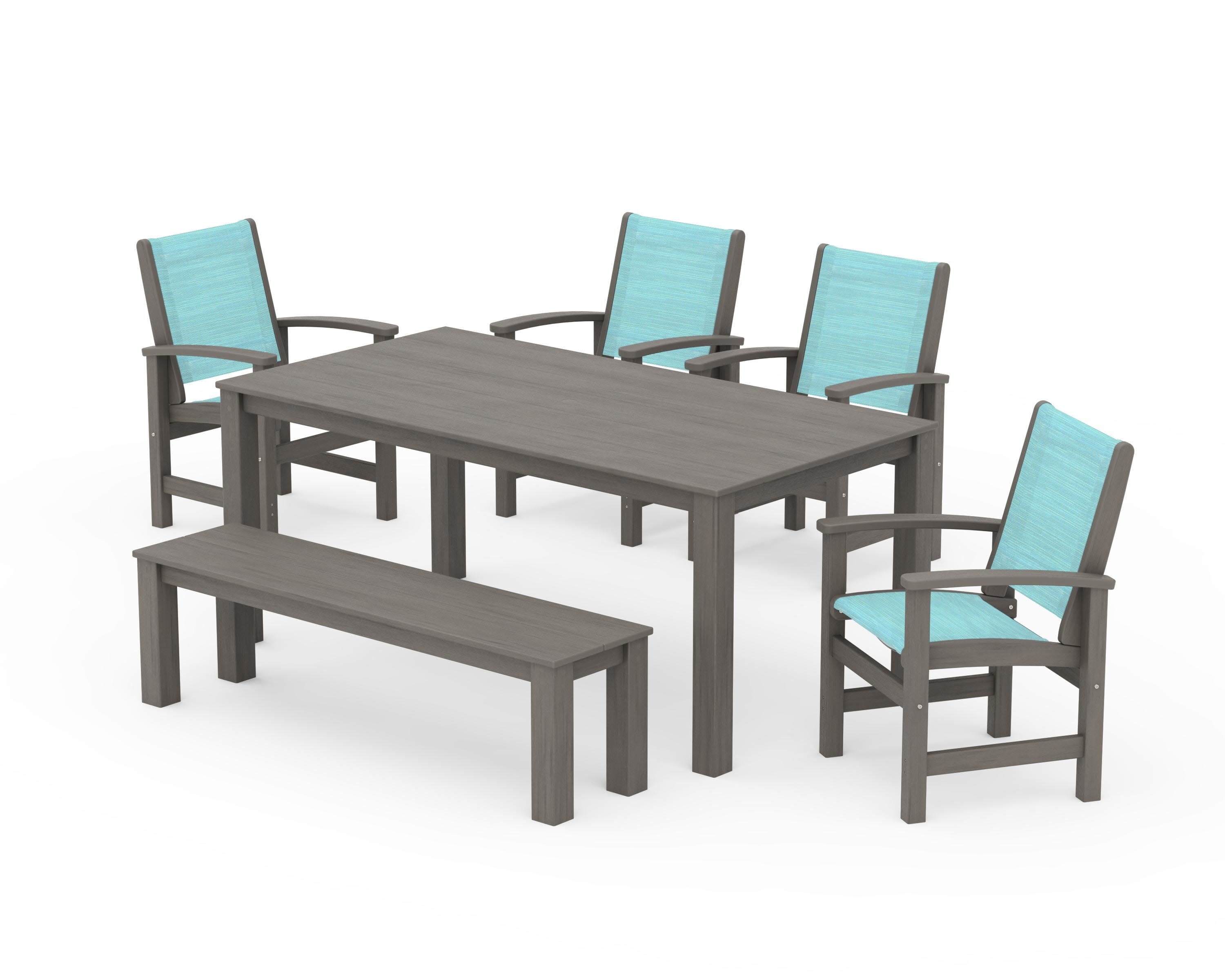 Coastal 6-Piece Parsons Dining Set with Bench in Driftwood / Dupioni Aquamarine Sling
