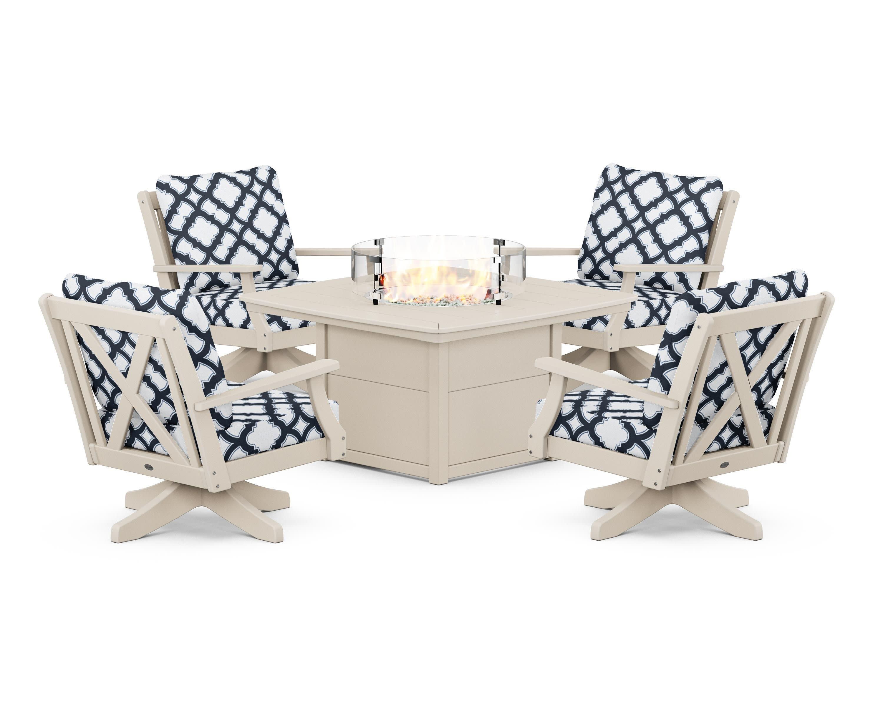 Braxton 5-Piece Deep Seating Swivel Conversation Set with Fire Pit Table in Sand / Trellis Marine Indigo