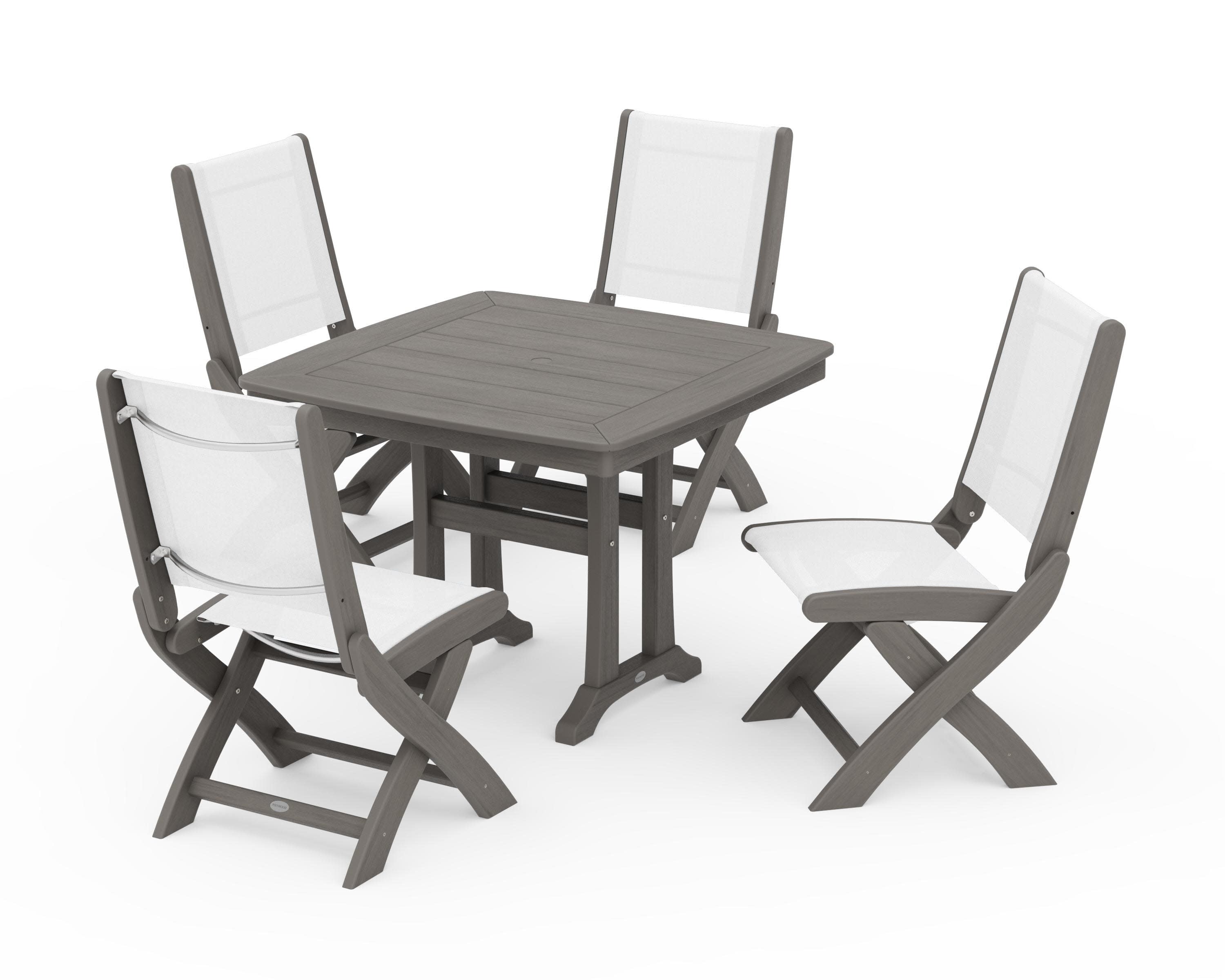 Coastal Folding Side Chair 5-Piece Dining Set with Trestle Legs in Driftwood / White Sling