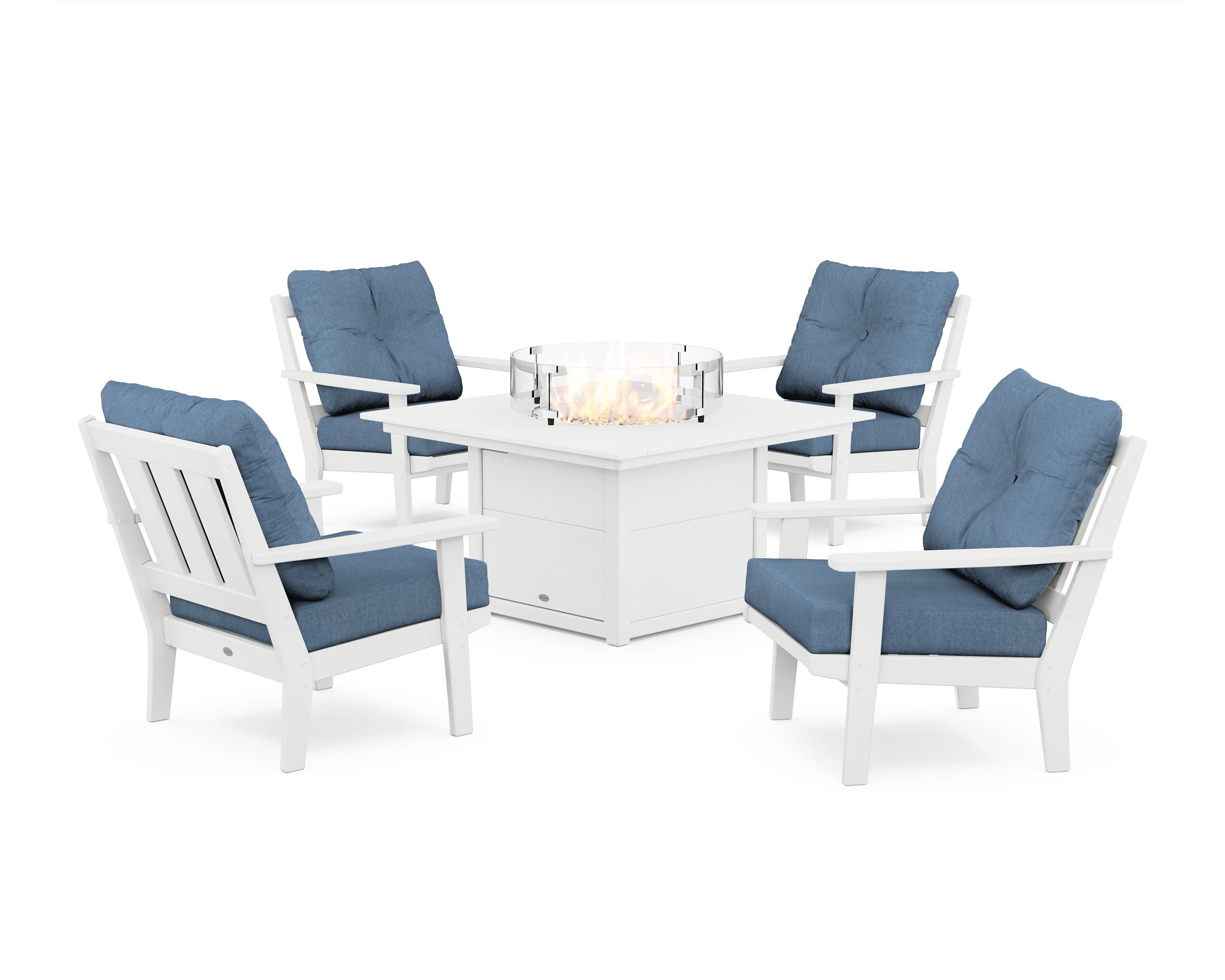 Oxford 5-Piece Deep Seating Set with Fire Pit Table in White / Sky Blue