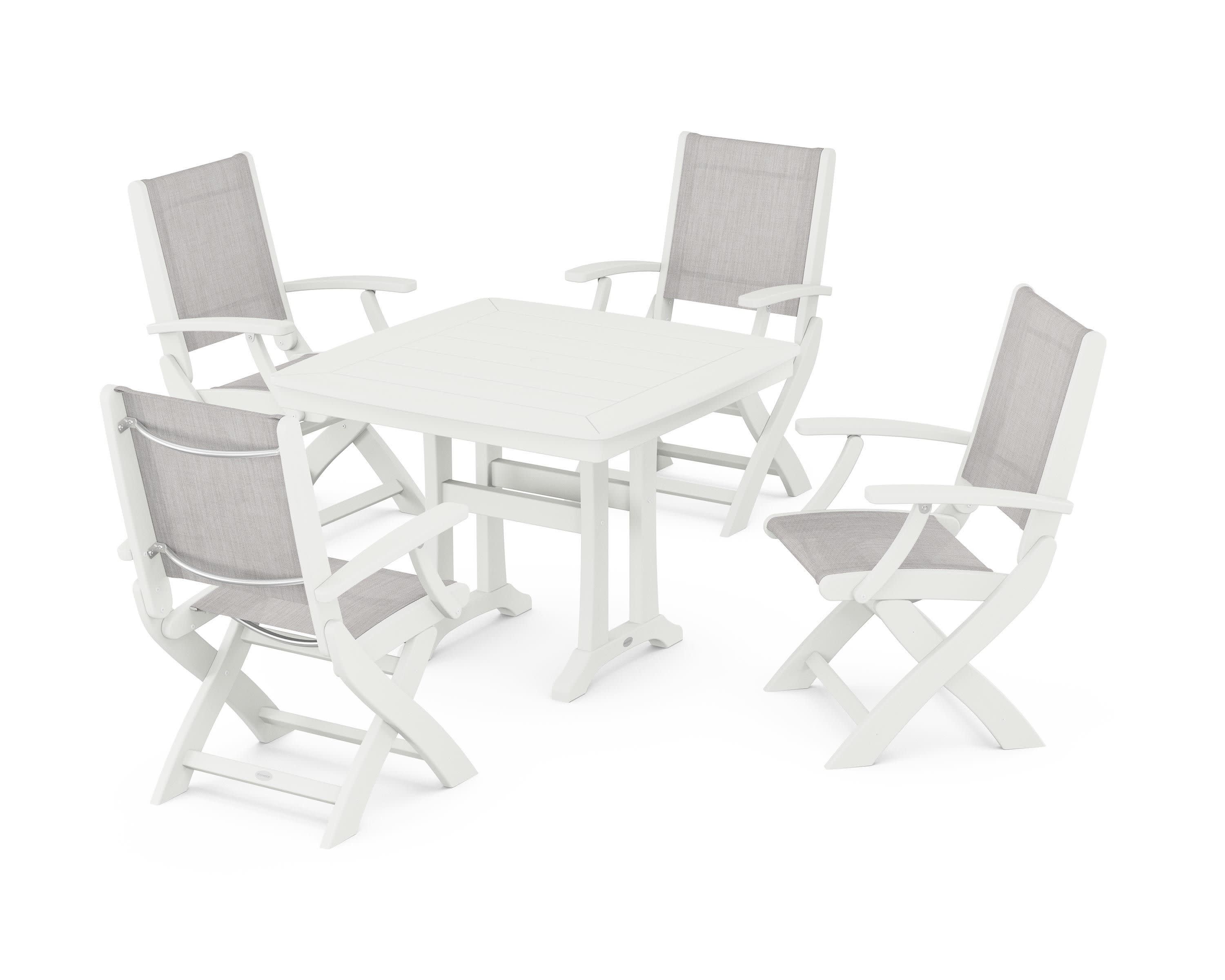 Coastal Folding Chair 5-Piece Dining Set with Trestle Legs in Vintage White / Parchment Sling