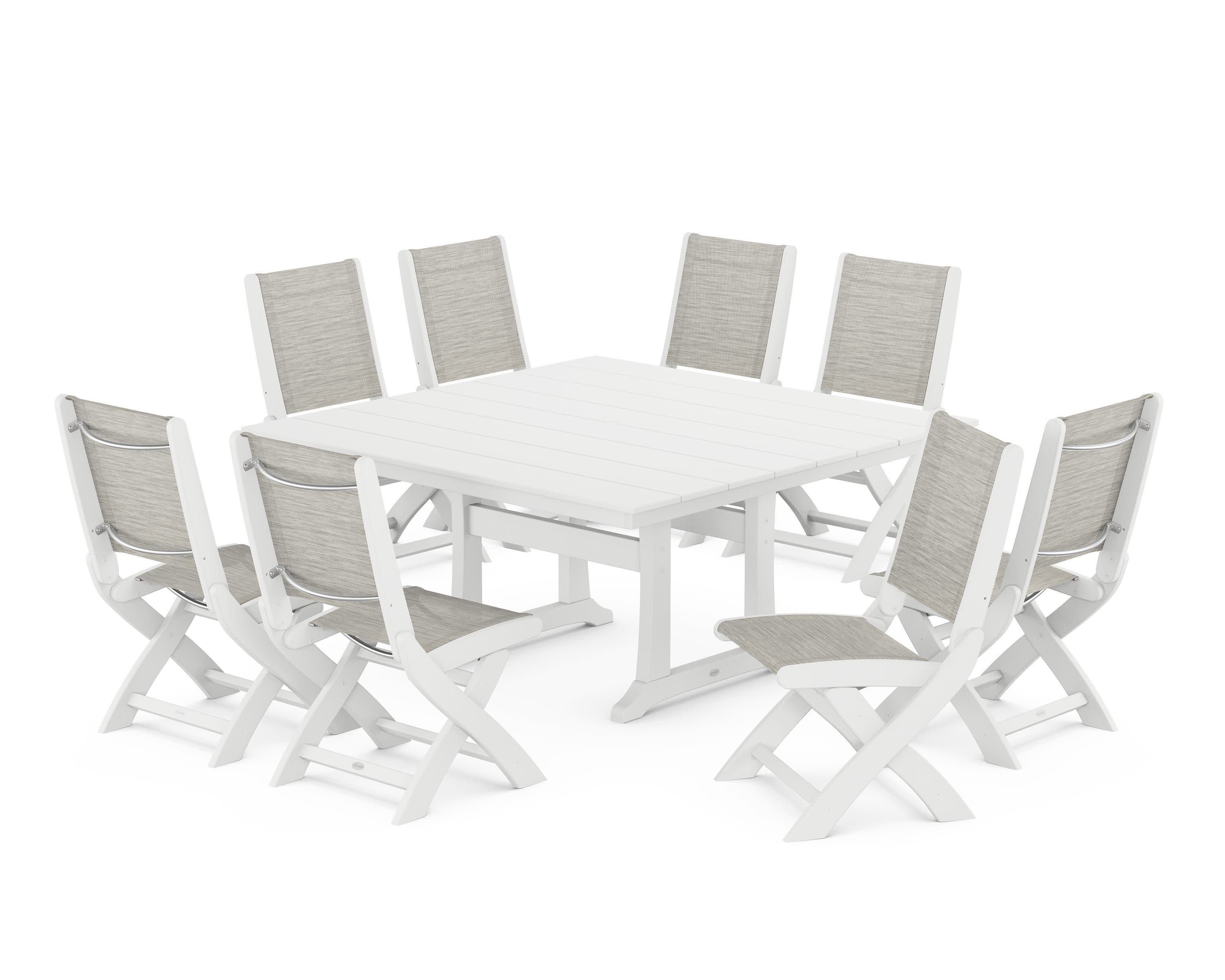 Coastal Folding Side Chair 9-Piece Farmhouse Dining Set in White / Birch Sling