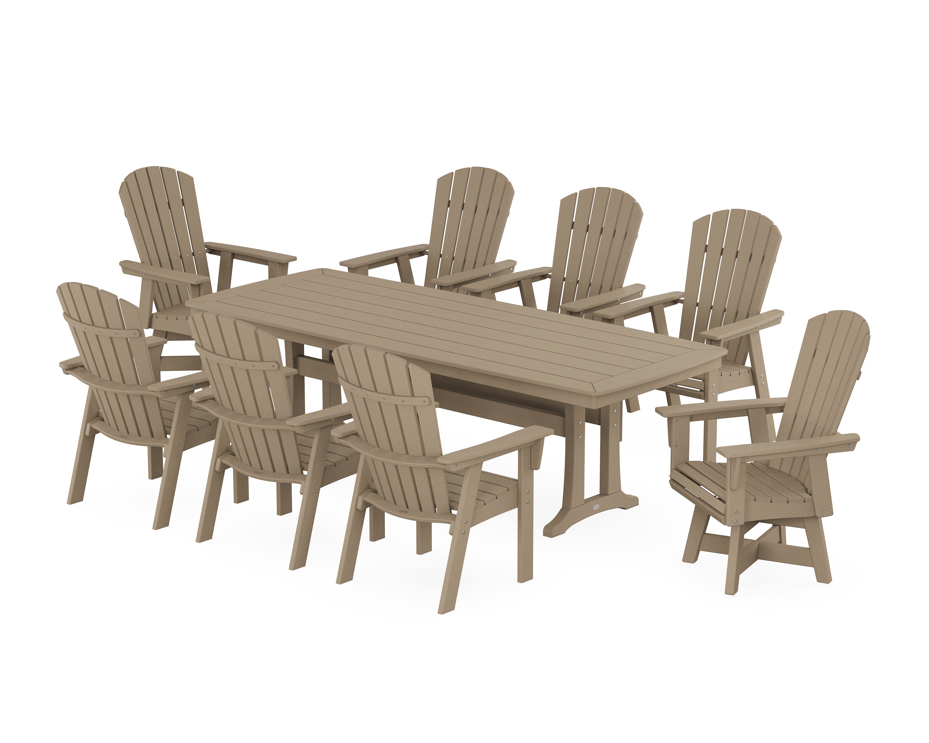 Nautical Curveback Adirondack Swivel 9-Piece Dining Set with Trestle Legs in Vintage Sahara