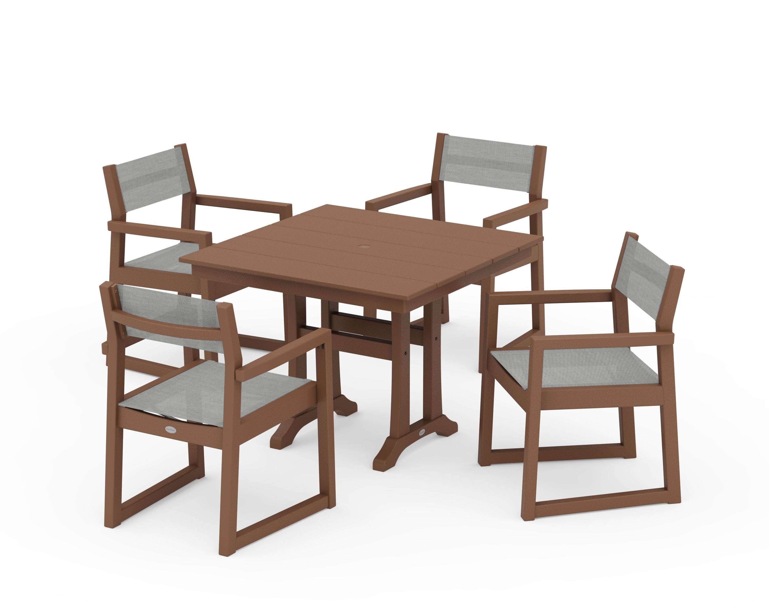EDGE Sling 5-Piece Farmhouse Dining Set with Trestle Legs in Teak / Metallic Sling