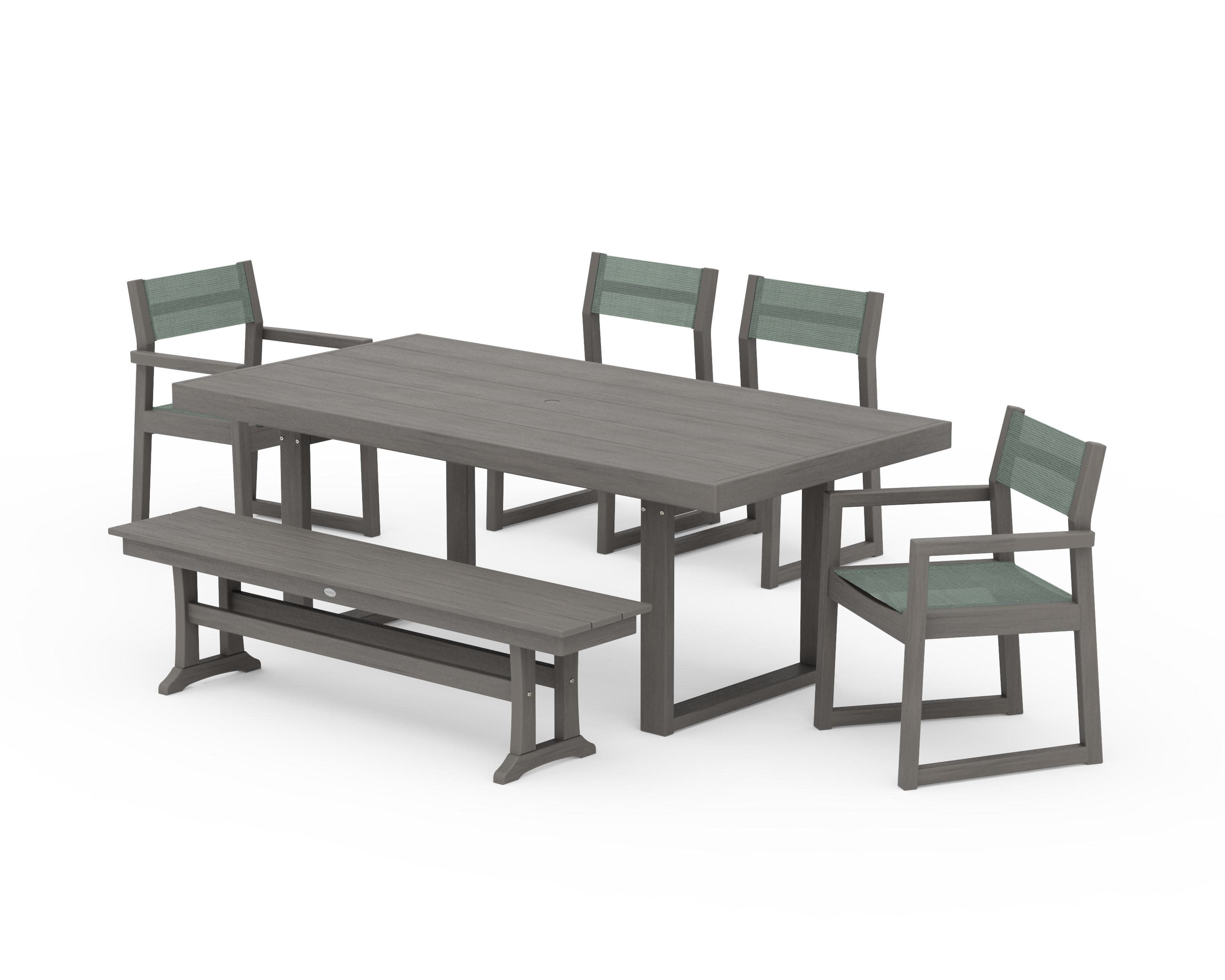 EDGE Sling 6-Piece Dining Set with Bench in Driftwood / Dupioni Sea Mist Sling
