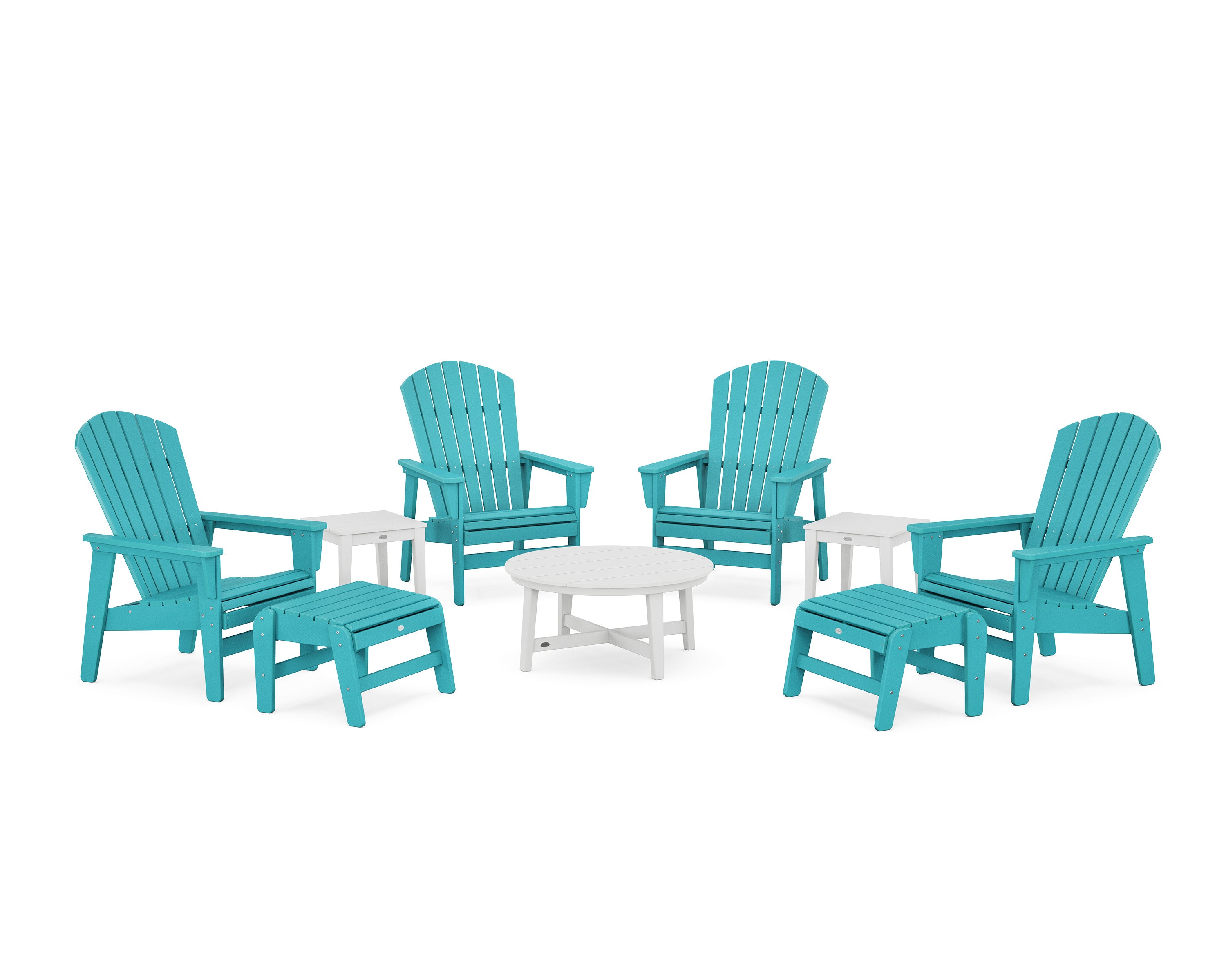 Nautical Grand Upright Adirondack 9-Piece Conversation Set in Aruba / White