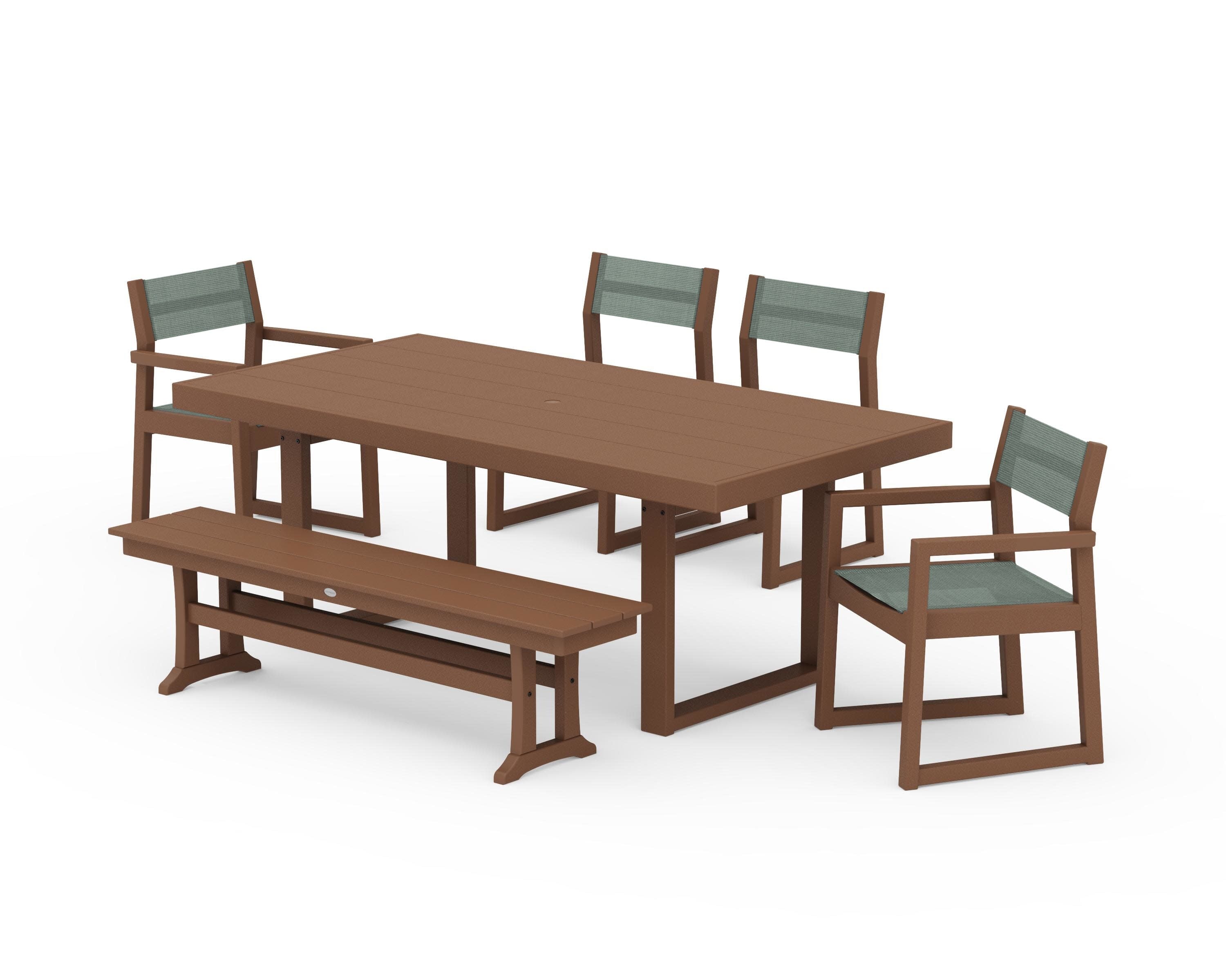 EDGE Sling 6-Piece Dining Set with Bench in Teak / Dupioni Sea Mist Sling