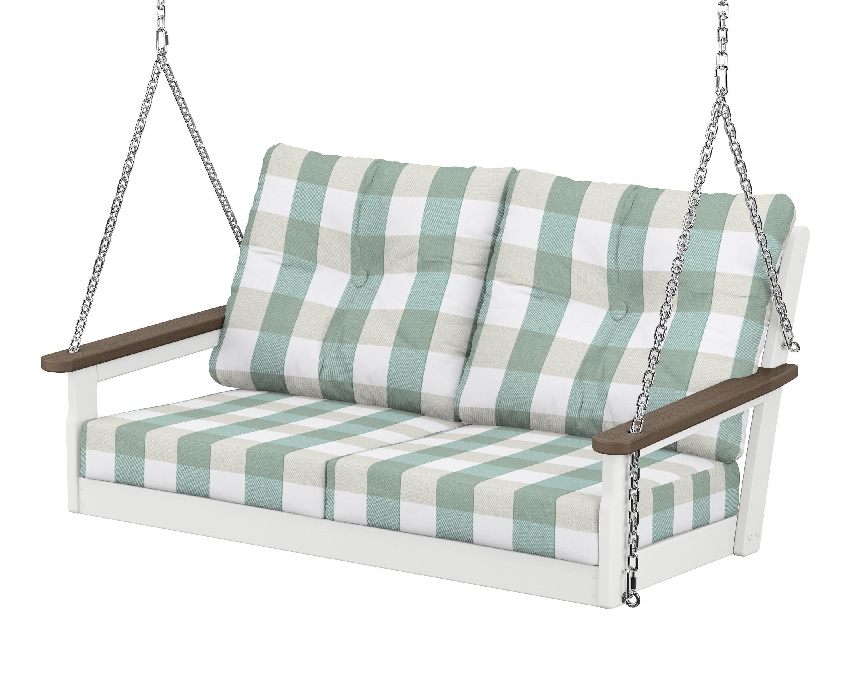 Vineyard Deep Seating Swing in White / Kona / Buffalo Plaid Glacier Spa