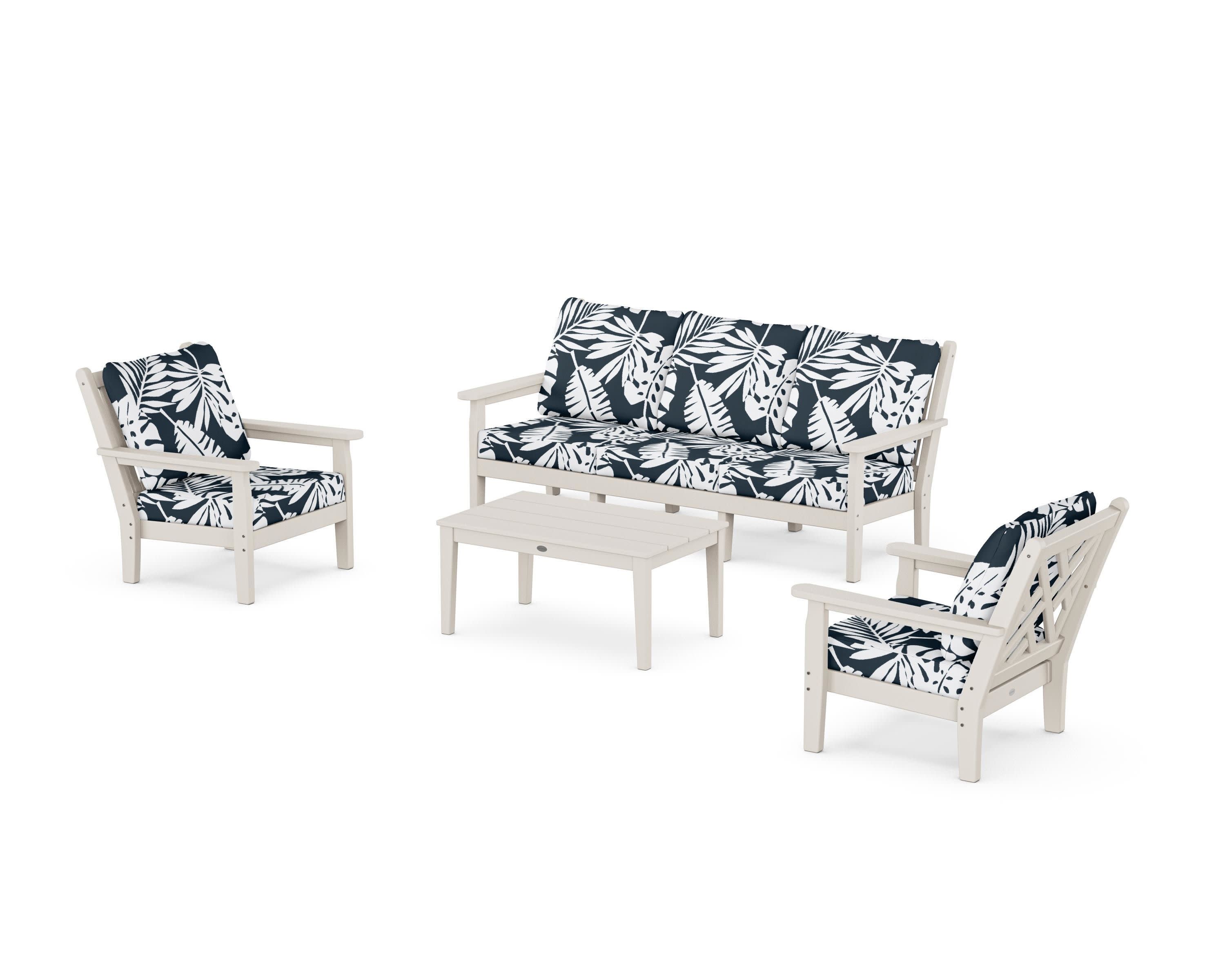 Chippendale 4-Piece Deep Seating Set with Sofa in Sand / Leaf Marine Indigo
