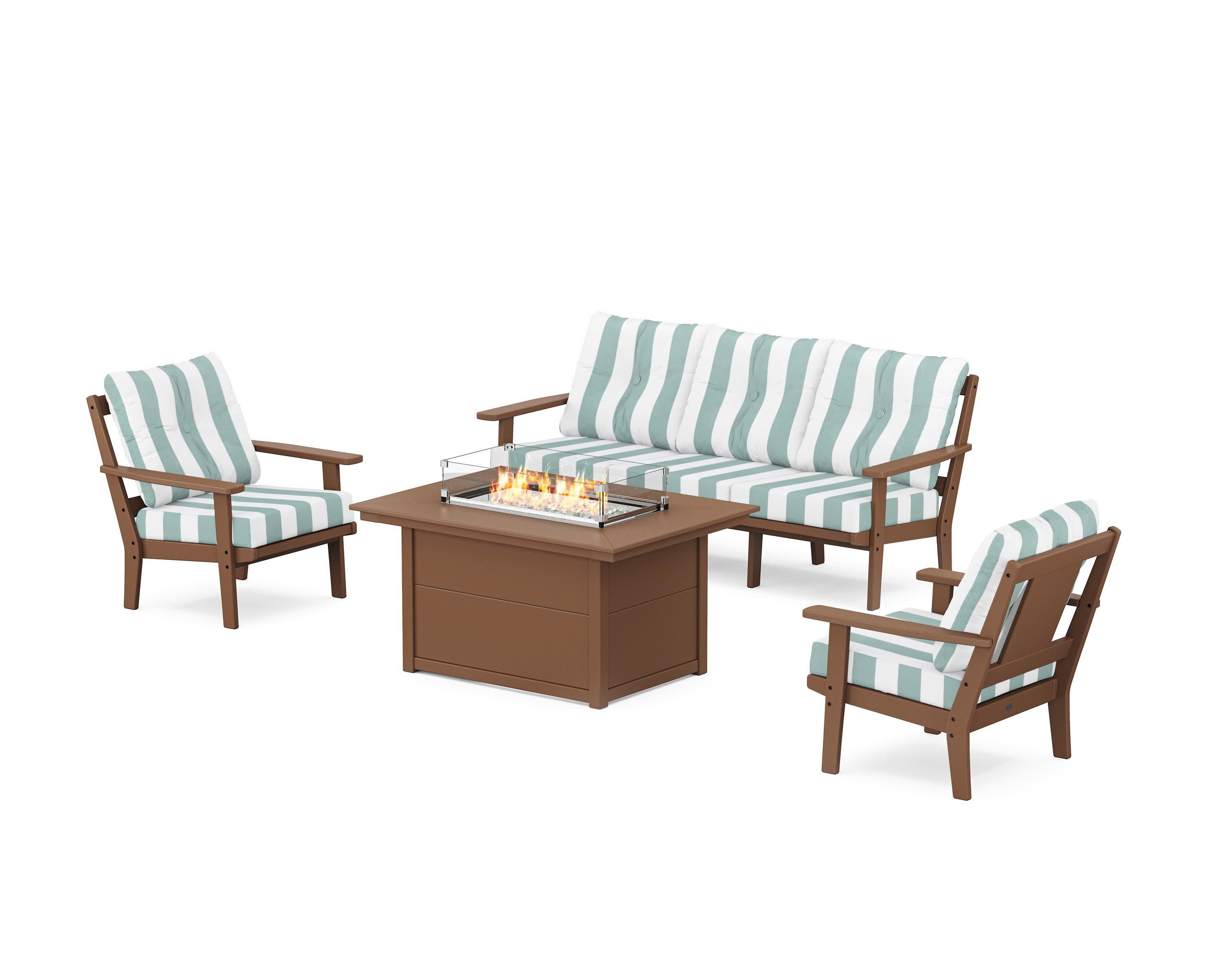 Prairie Deep Seating Fire Pit Table Set in Teak / Cabana Stripe Glacier Spa