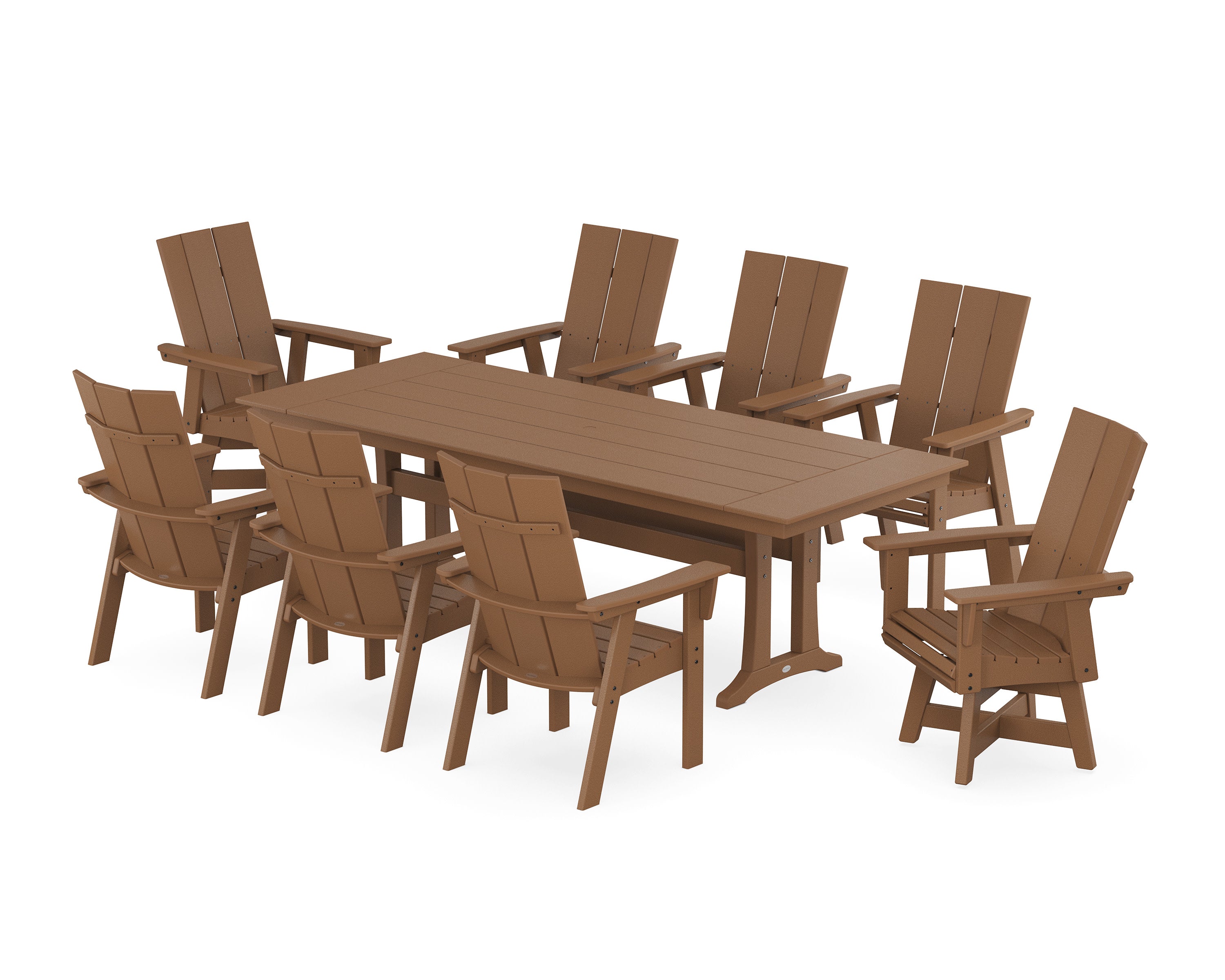 Modern Curveback Adirondack Swivel 9-Piece Farmhouse Dining Set with Trestle Legs in Teak