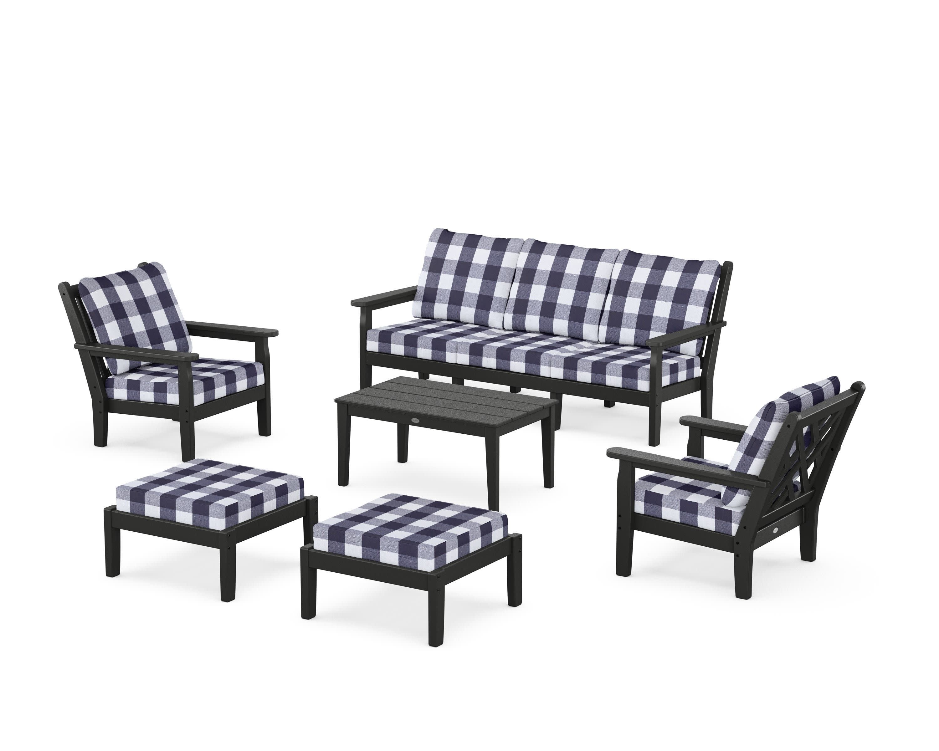 Chippendale 6-Piece Lounge Sofa Set in Black / Buffalo Plaid Navy