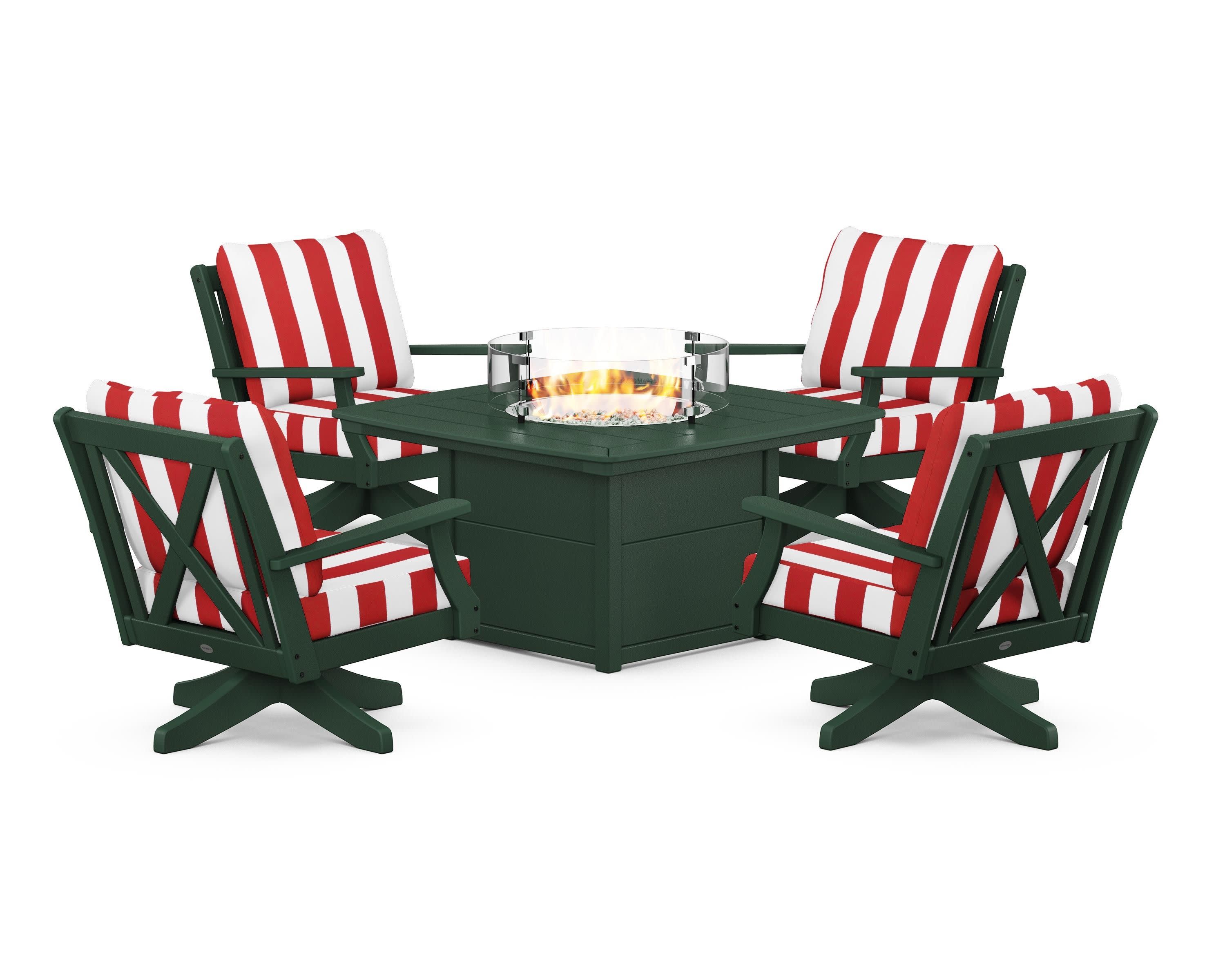 Braxton 5-Piece Deep Seating Swivel Conversation Set with Fire Pit Table in Green / Cabana Stripe Crimson
