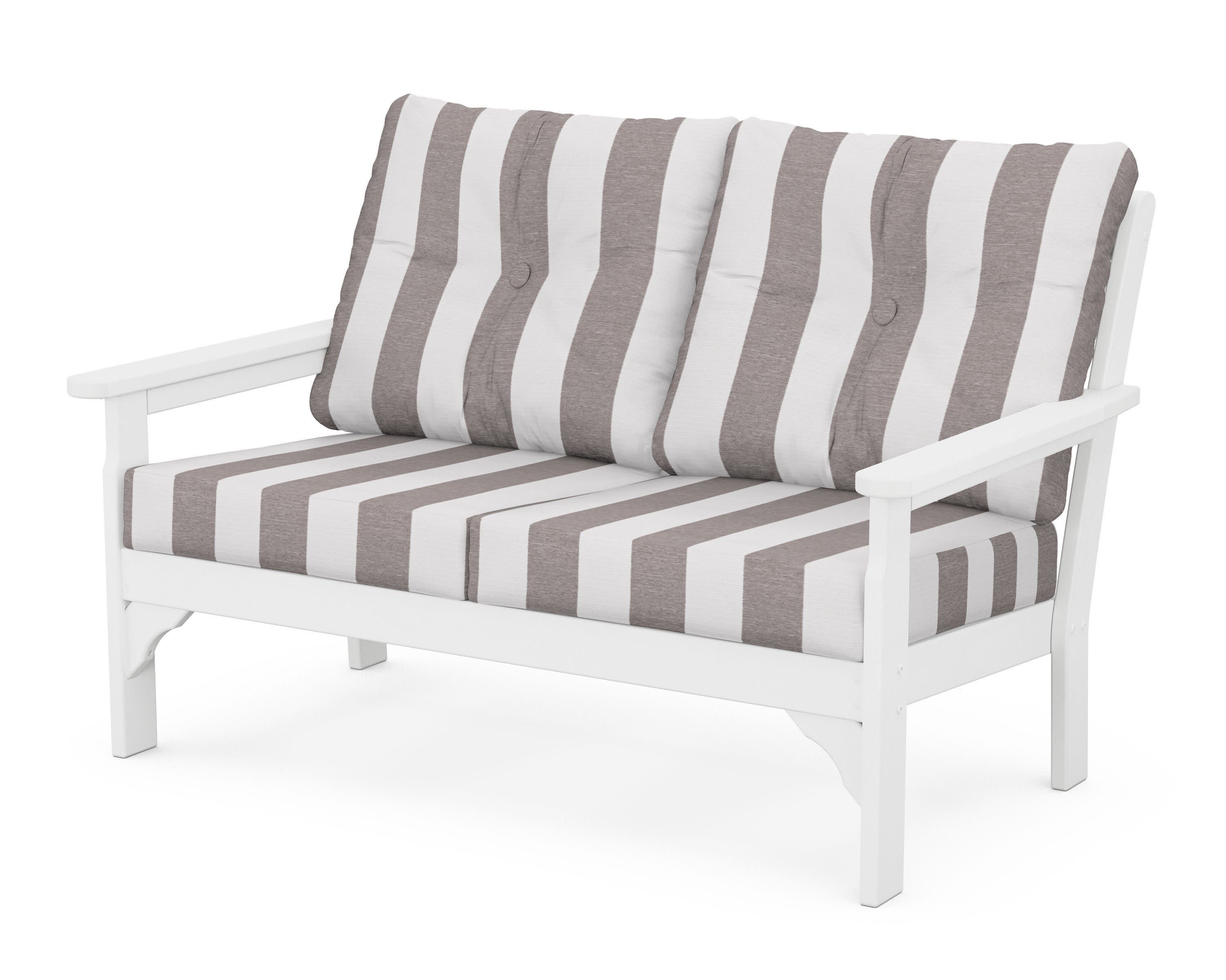 Vineyard Deep Seating Loveseat in White / Cabana Stripe Grey Mist
