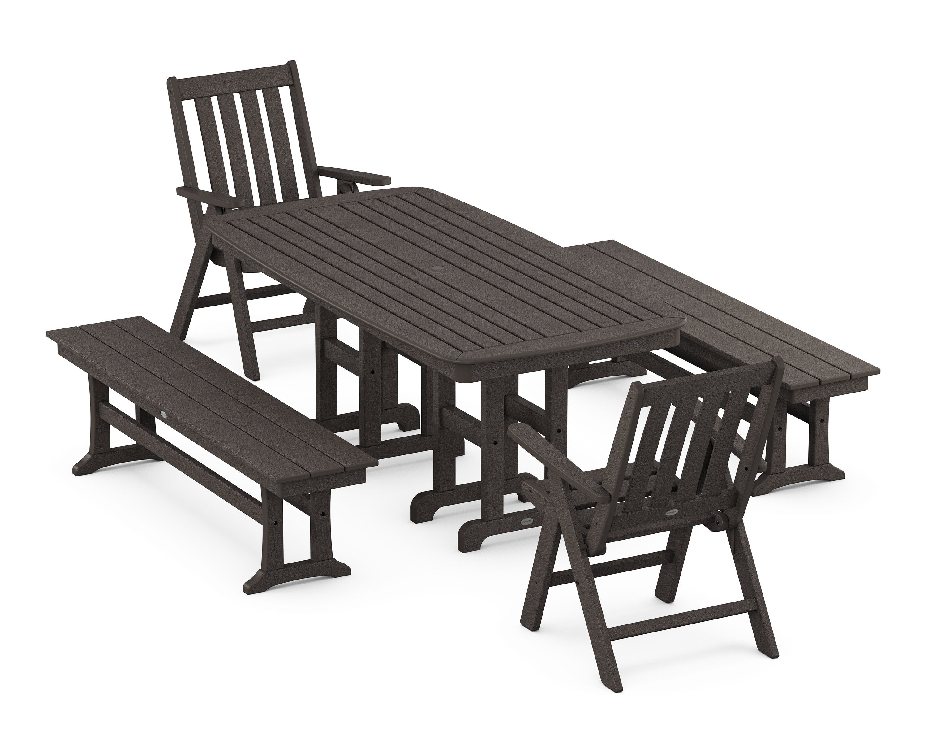 Vineyard Folding Chair 6-Piece Dining Set with Benches in Vintage Coffee
