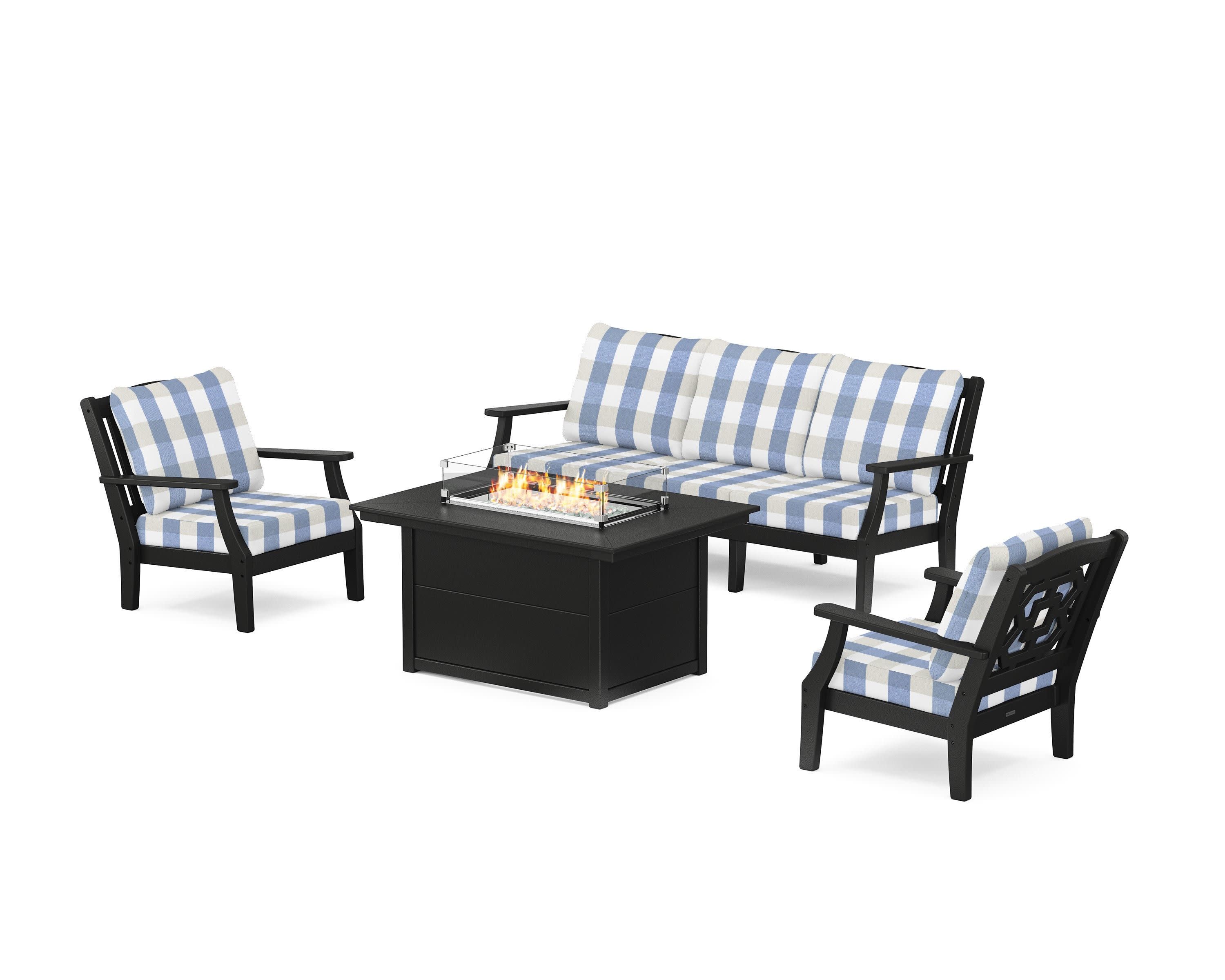 Chinoiserie Deep Seating Fire Pit Table Set in Black / Buffalo Plaid Sky Blue
