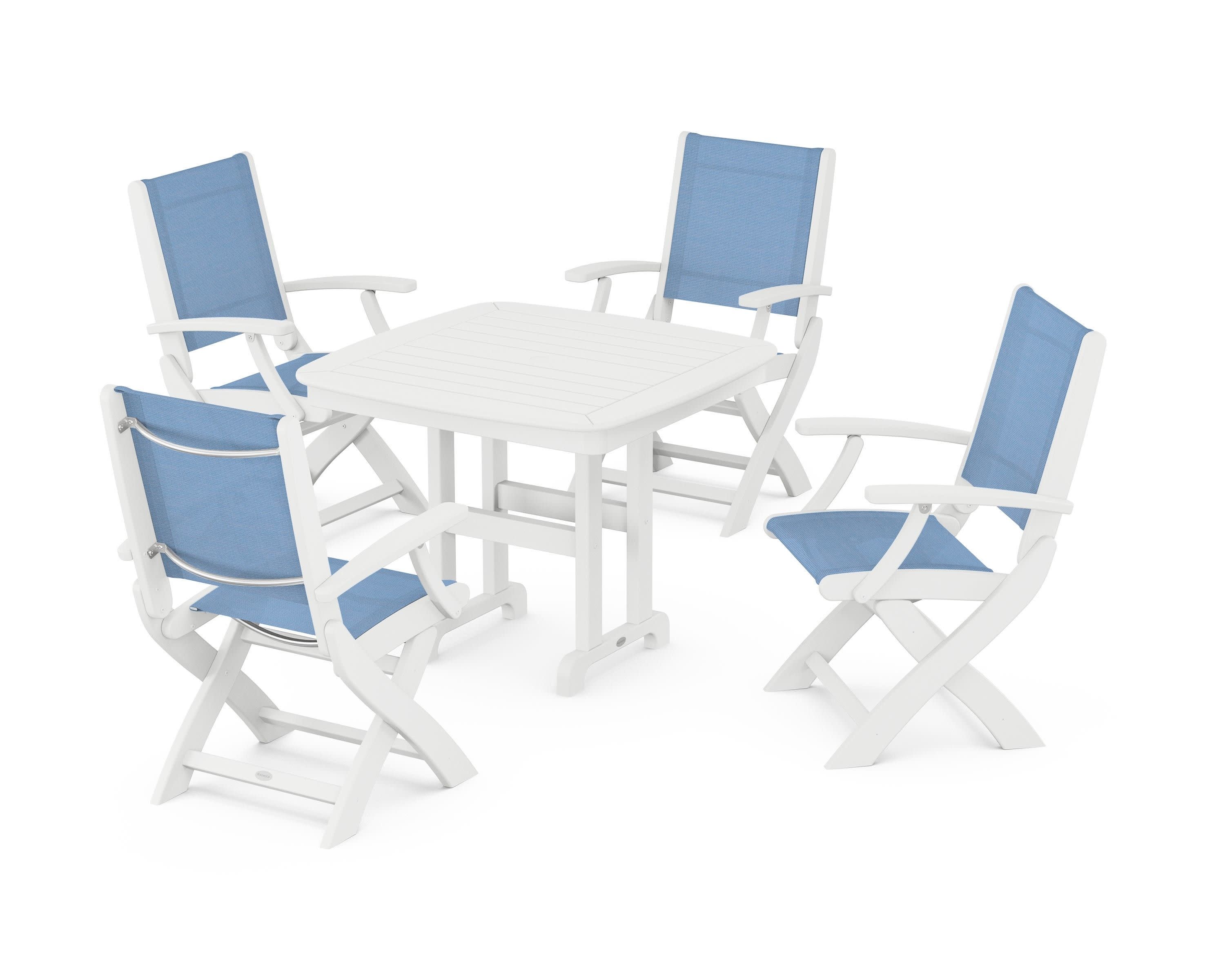 Coastal Folding Chair 5-Piece Dining Set in White / Poolside Sling