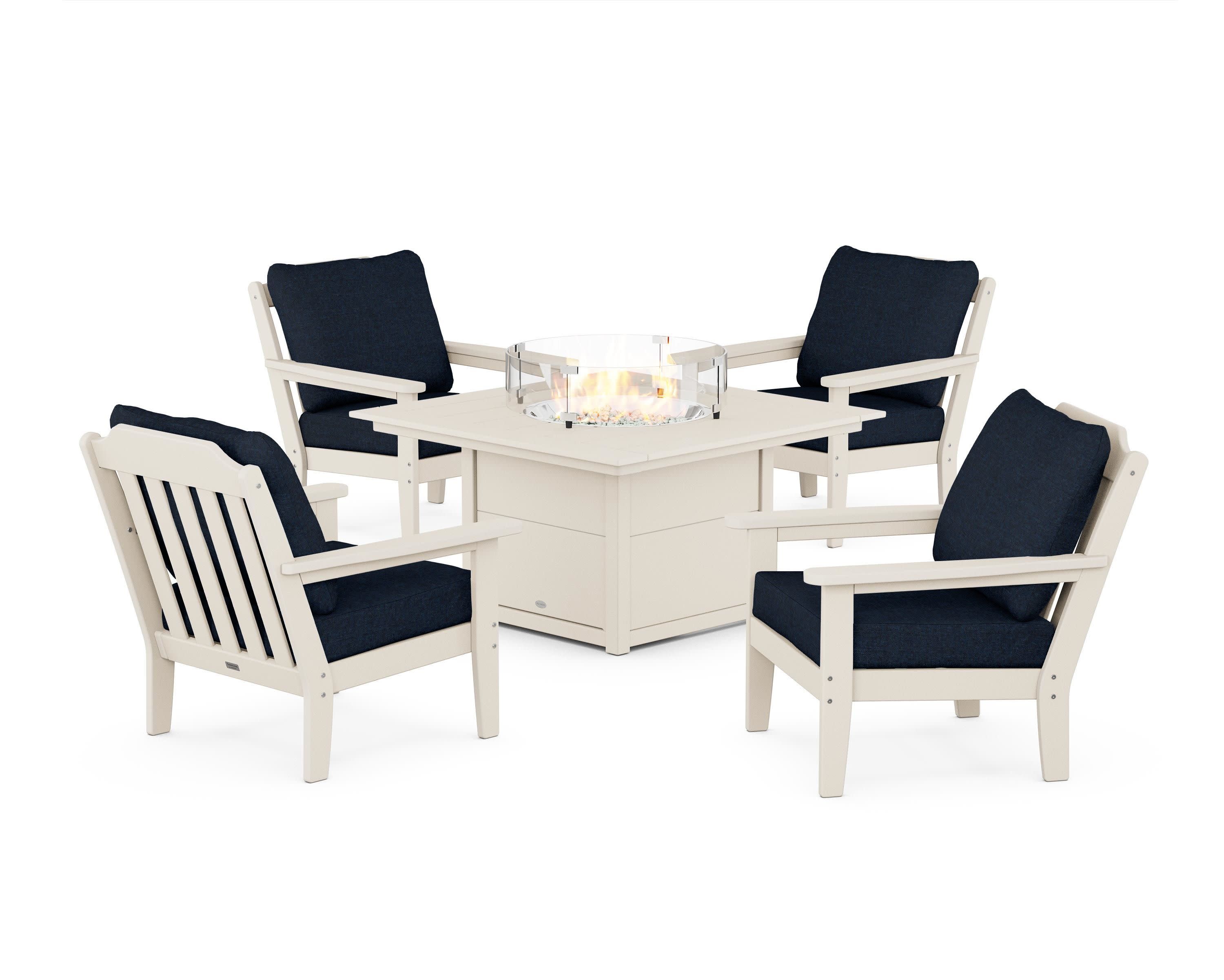 Cottage 5-Piece Deep Seating Set with Fire Pit Table in Sand / Marine Indigo