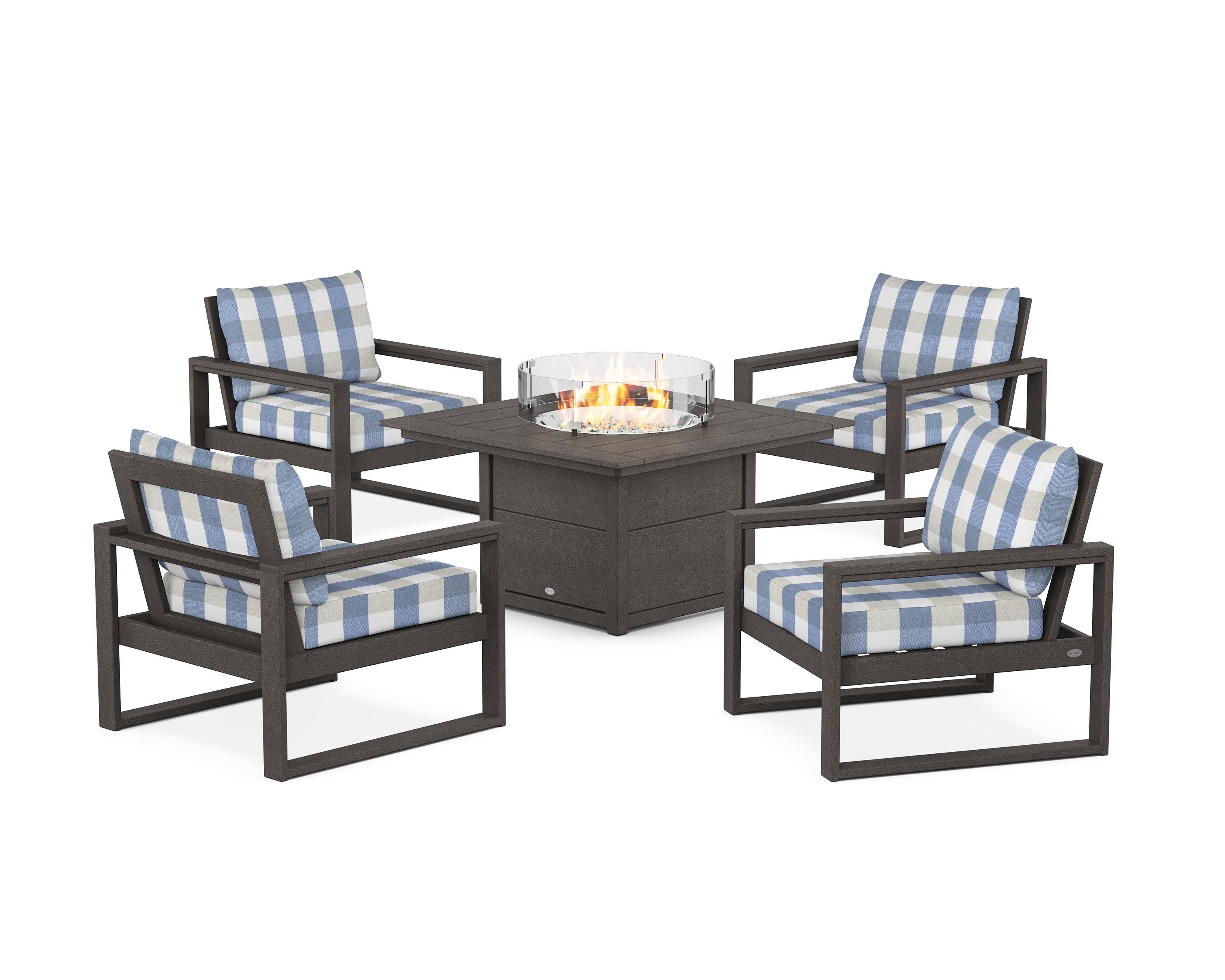 EDGE Sectional 5-Piece Deep Seating Set with Fire Pit Table in Vintage Coffee / Buffalo Plaid Sky Blue