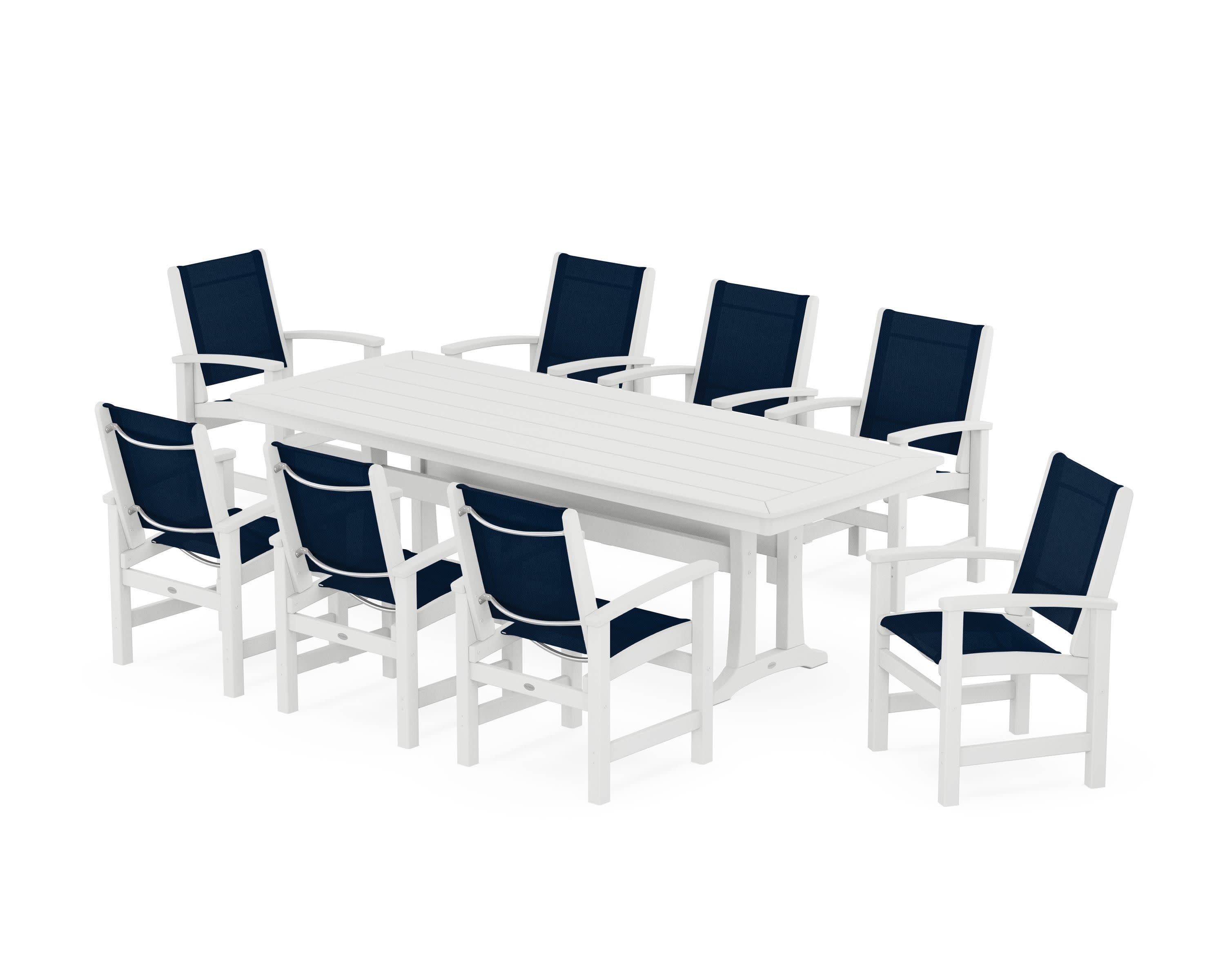 Coastal 9-Piece Dining Set with Trestle Legs in White / Navy Blue Sling