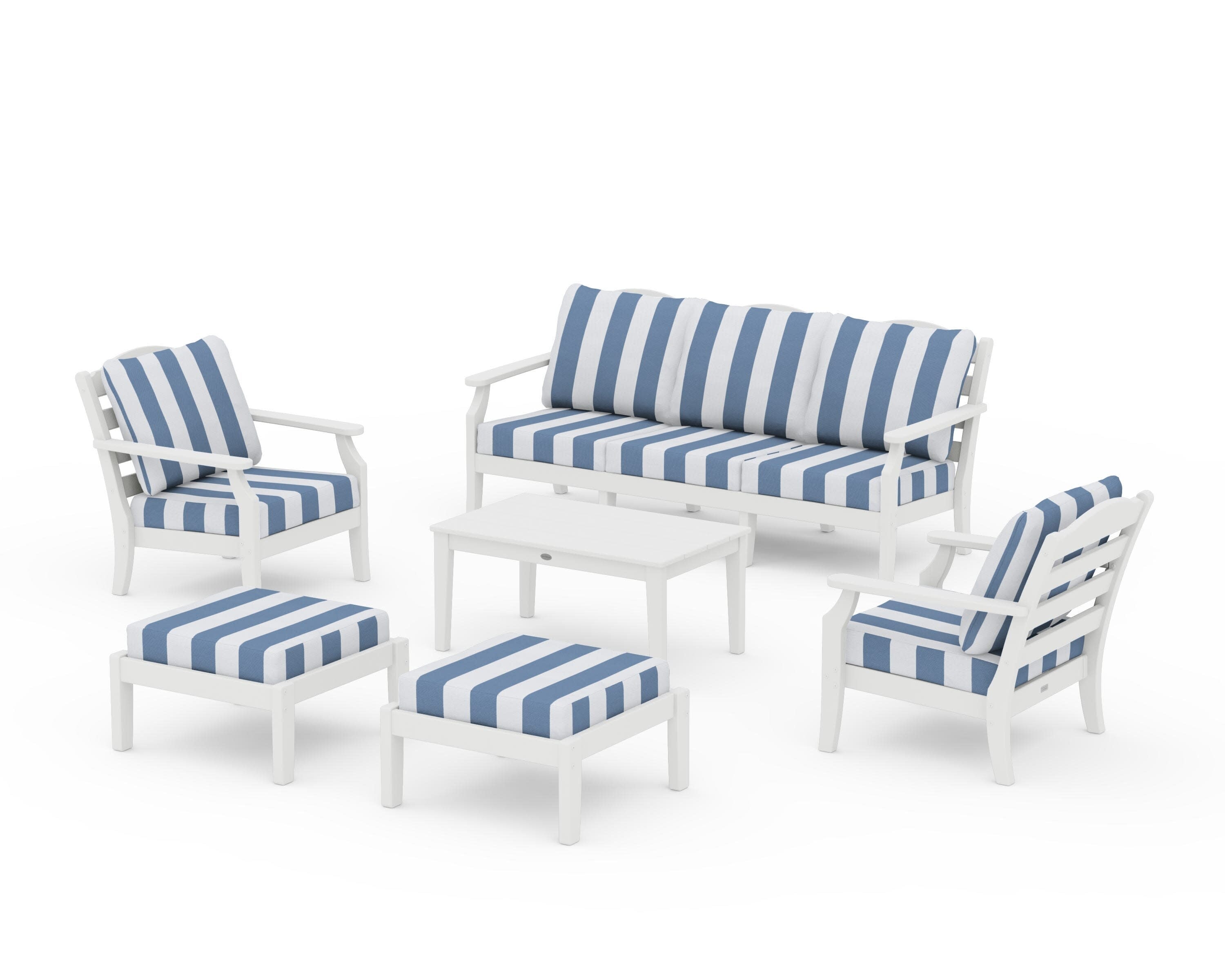 Savannah 6-Piece Lounge Sofa Set in White / Cabana Stripe Sky Blue