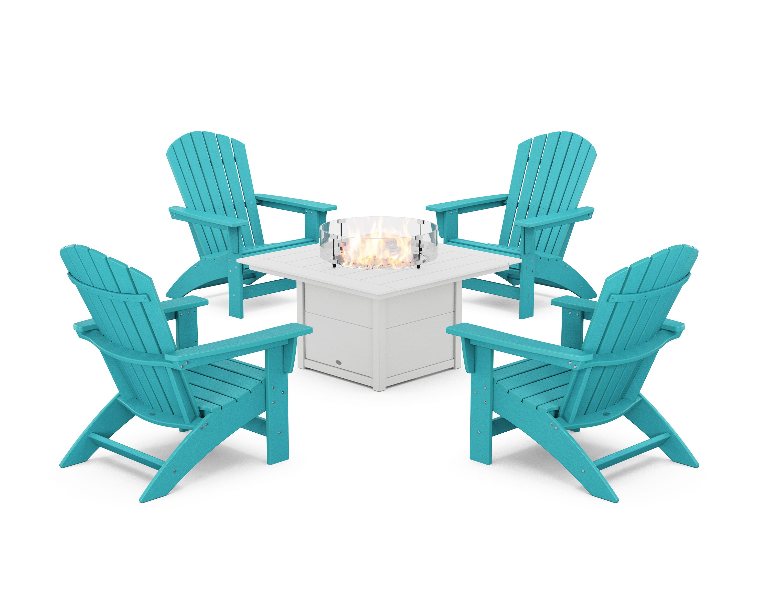 5-Piece Nautical Grand Adirondack Conversation Set with Fire Pit Table in Aruba / White