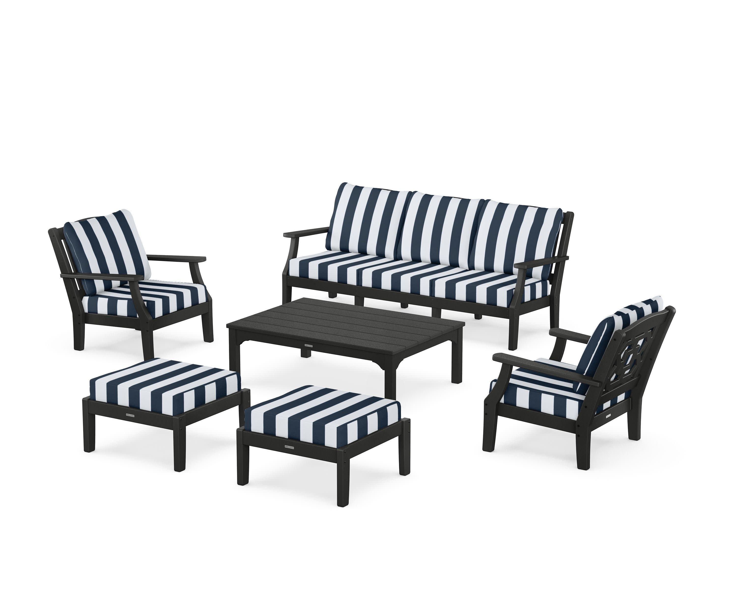 Chinoiserie 6-Piece Lounge Sofa Set in Black / Cabana Stripe Marine Indigo