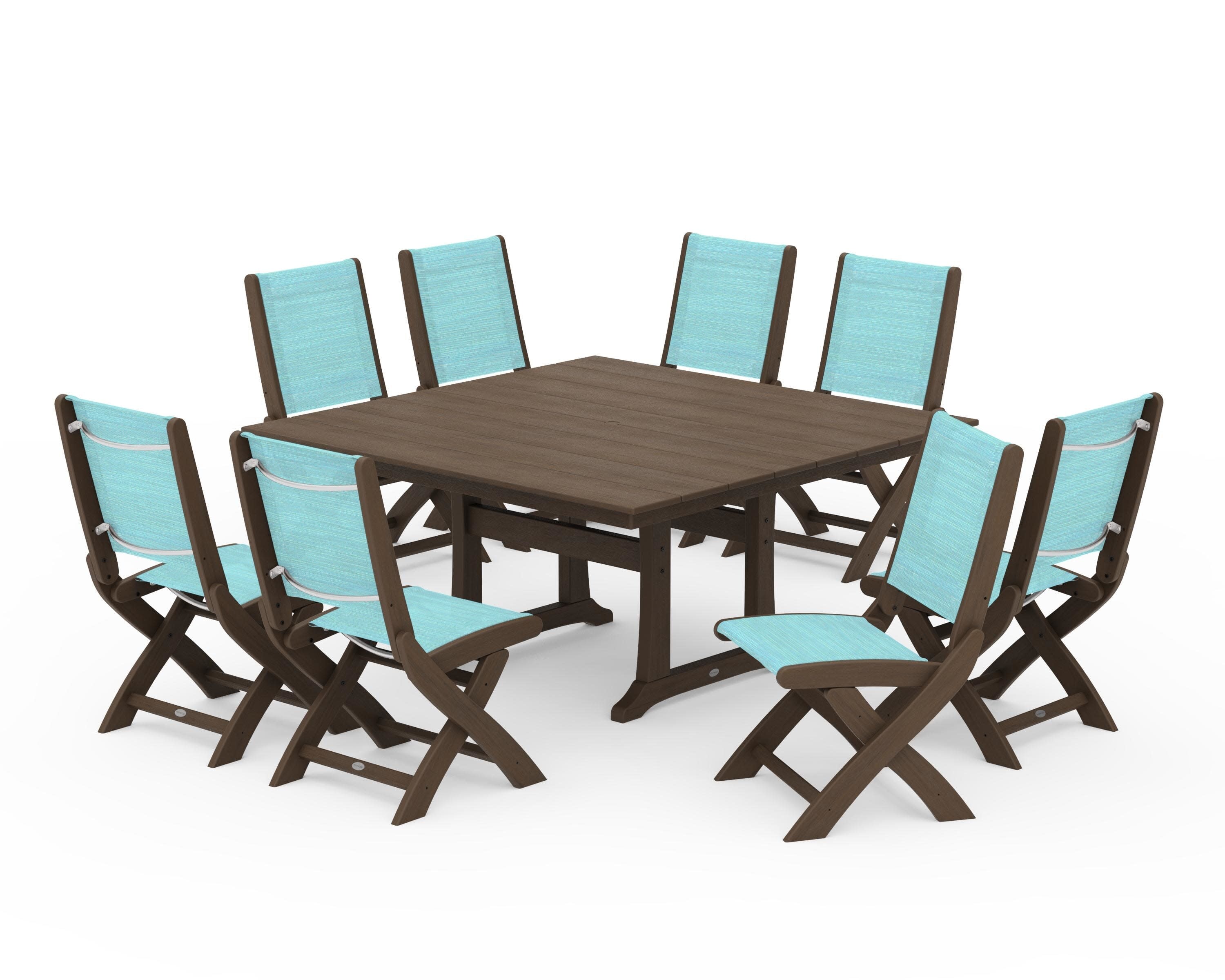 Coastal Folding Side Chair 9-Piece Farmhouse Dining Set in Kona / Dupioni Aquamarine Sling
