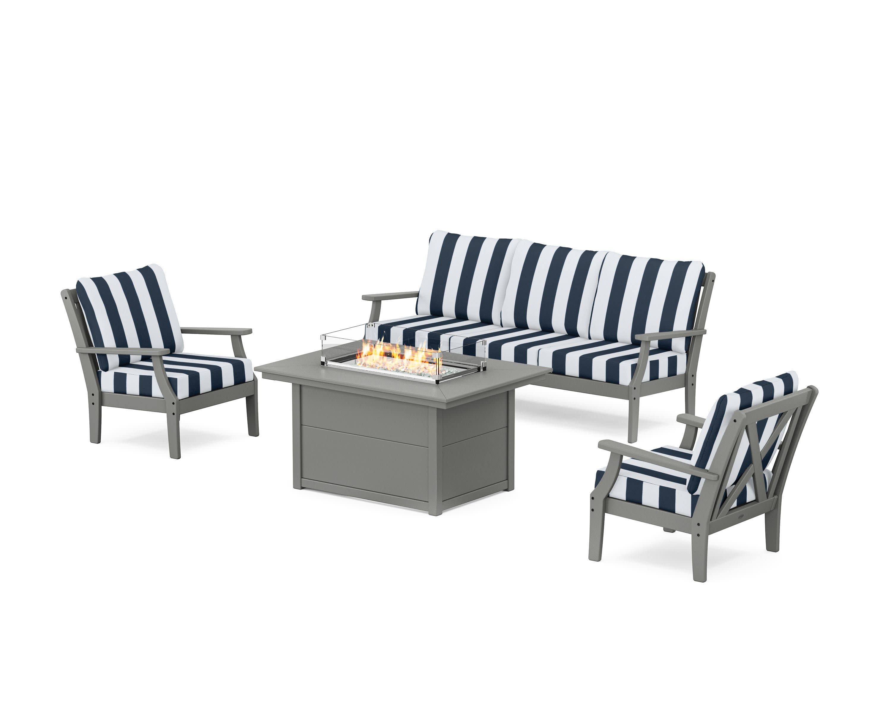 Braxton Deep Seating Fire Pit Table Set in Slate Grey / Cabana Stripe Marine Indigo
