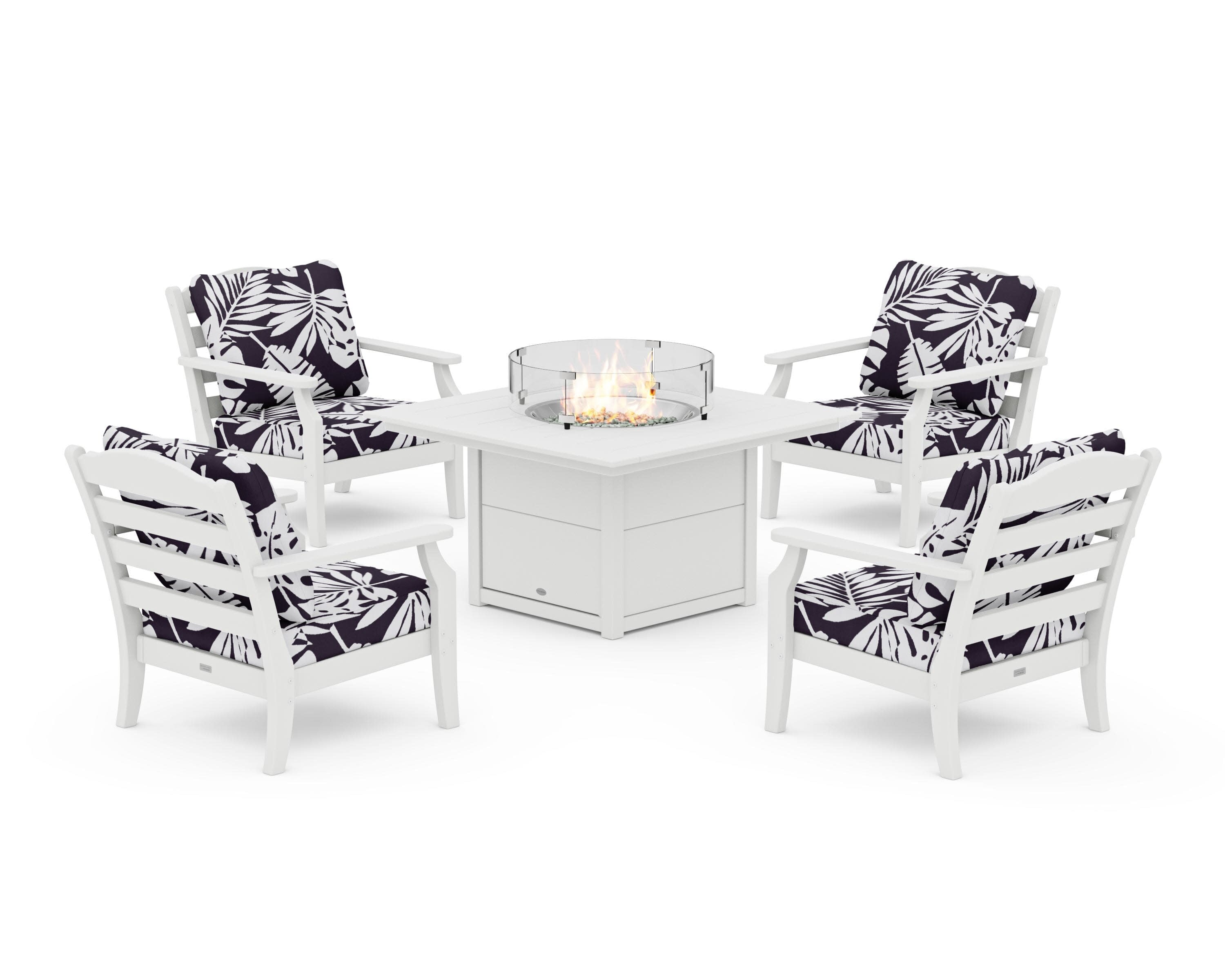Savannah 5-Piece Deep Seating Set with Fire Pit Table in White / Leaf Navy