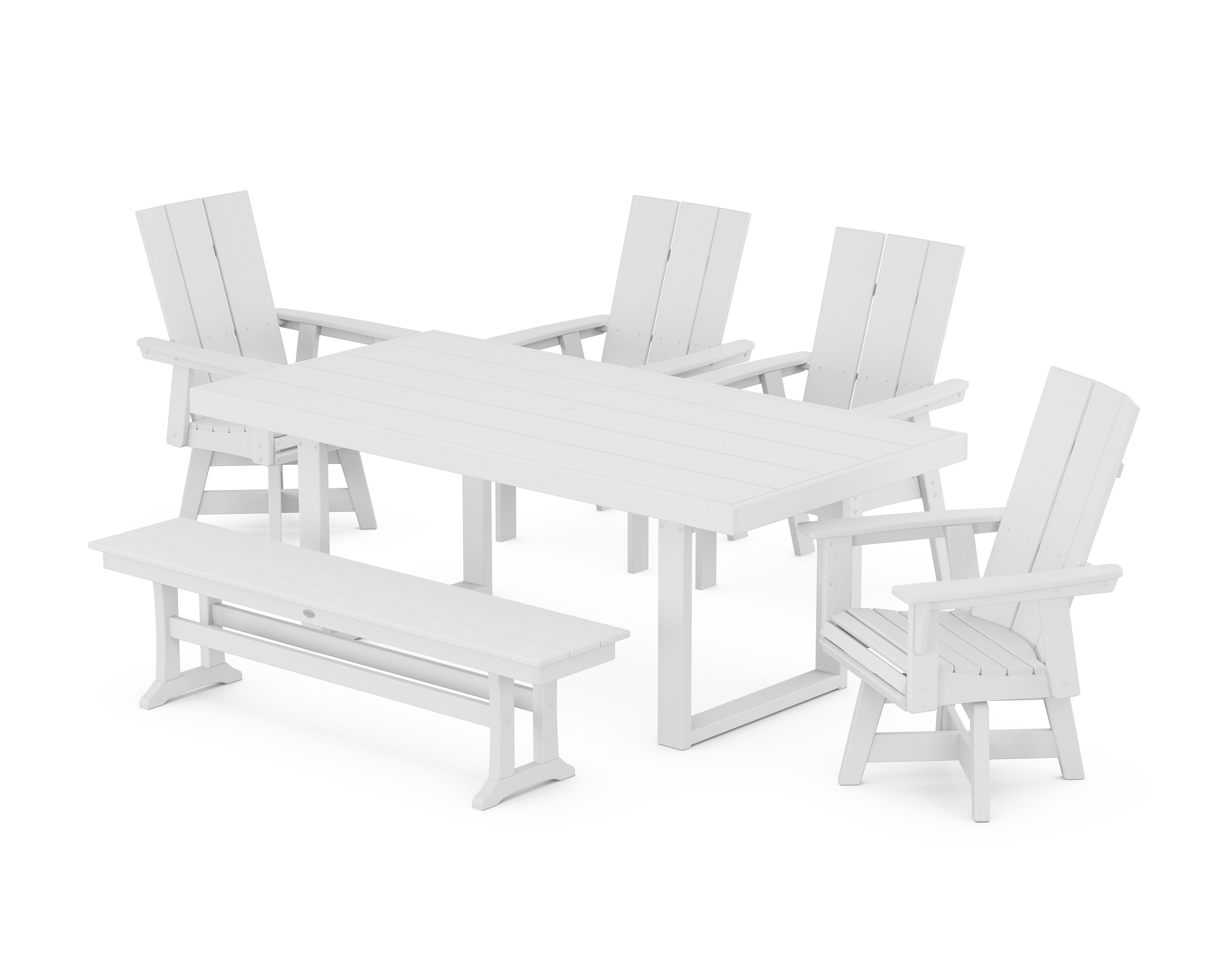 Modern Curveback Adirondack Swivel Chair 6-Piece Dining Set with Bench in White