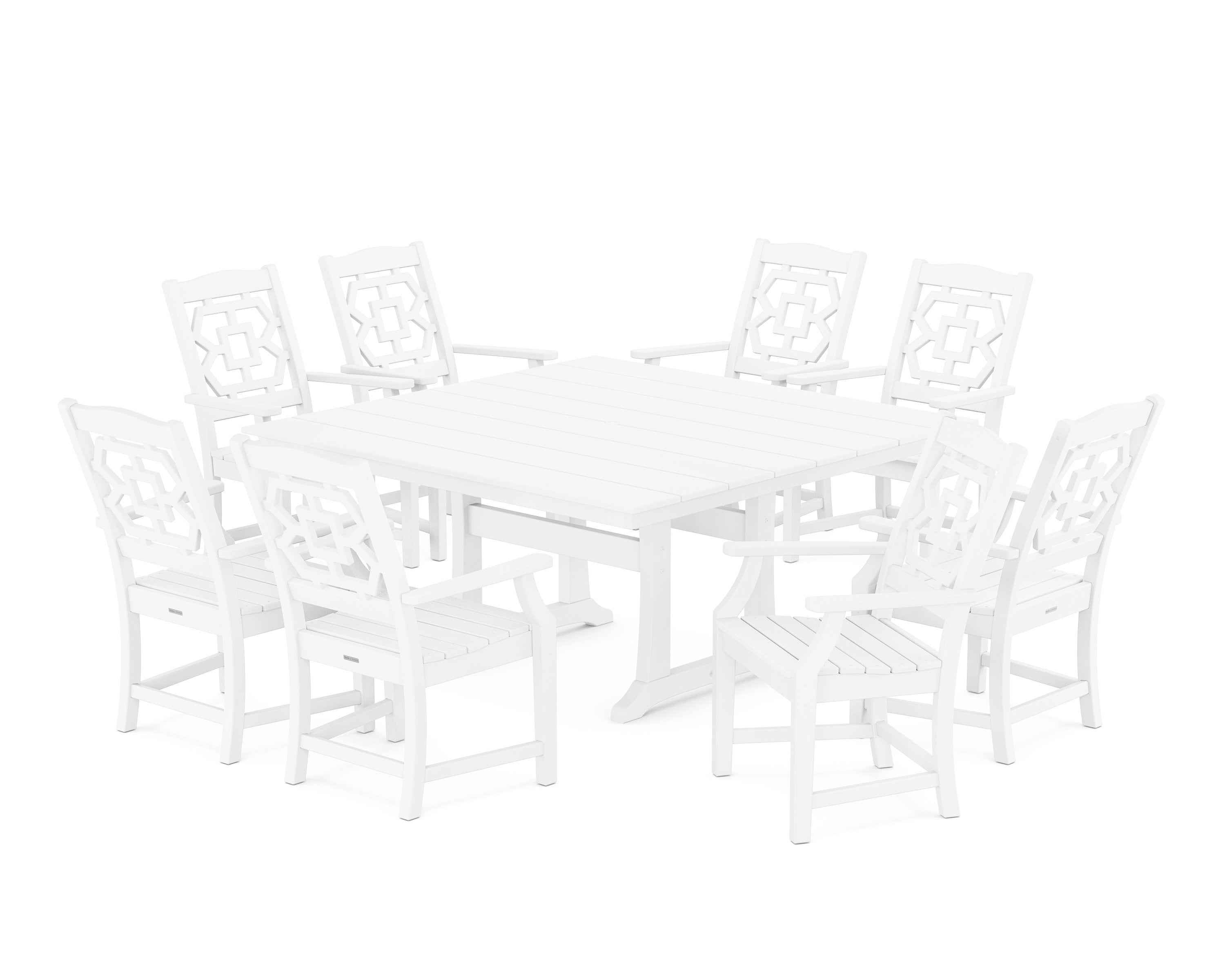Chinoiserie 9-Piece Square Farmhouse Dining Set with Trestle Legs in White